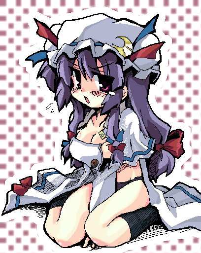 kotojima motoki, kotoshima, patchouli knowledge, touhou, breast hold, bad id, bad pixiv id, 1girl, angry, blush, breasts, covering breasts, covering privates, crescent, female focus, hair ribbon, hat, large breasts, long hair, oekaki, purple eyes, purple hair, ribbon, solo, topless female