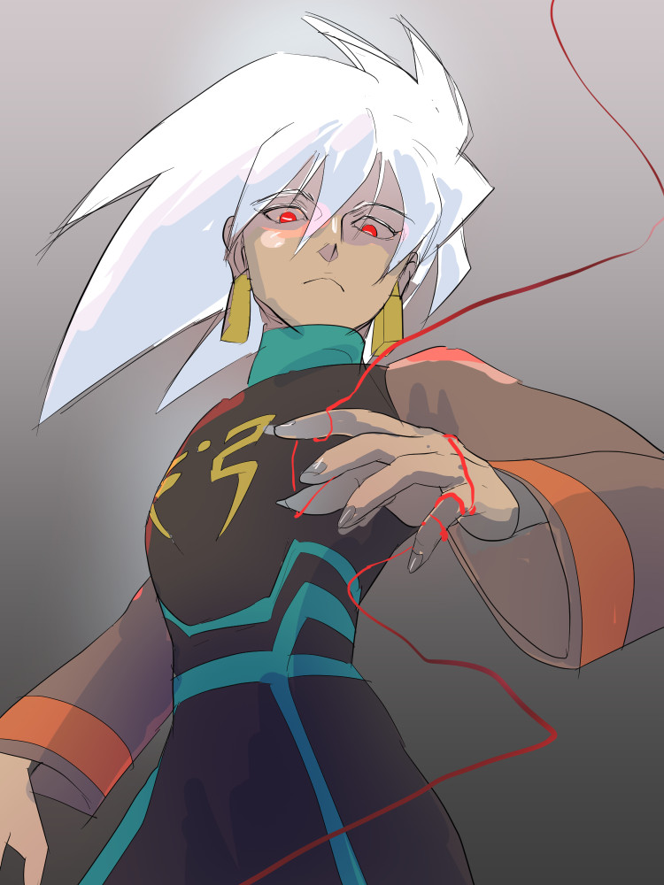 tumitumi, solo (mega man), mega man (series), mega man star force (series), 1boy, cowboy shot, earrings, grey background, jewelry, looking at viewer, male focus, medium hair, red eyes, simple background, solo, white hair