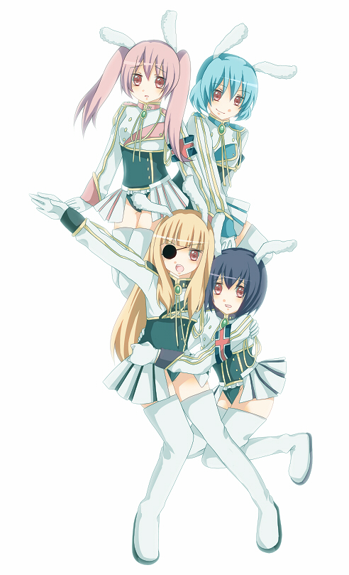momoko nitsuite, shurin, chiester00, chiester410, chiester45, chiester556, chiester sisters, umineko no naku koro ni, uniform, bad id, bad pixiv id, 00s, 4girls, animal ears, eyepatch, multiple girls, rabbit ears, showgirl skirt, thighhighs
