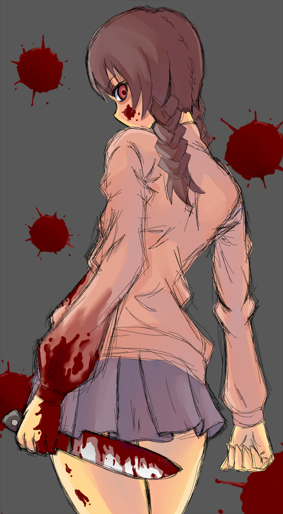 kisaragi yakumo, madotsuki, yume nikki, bad id, bad pixiv id, 1girl, blood, braid, female focus, knife, looking back, pink shirt, purple skirt, shirt, skirt, solo, twin braids