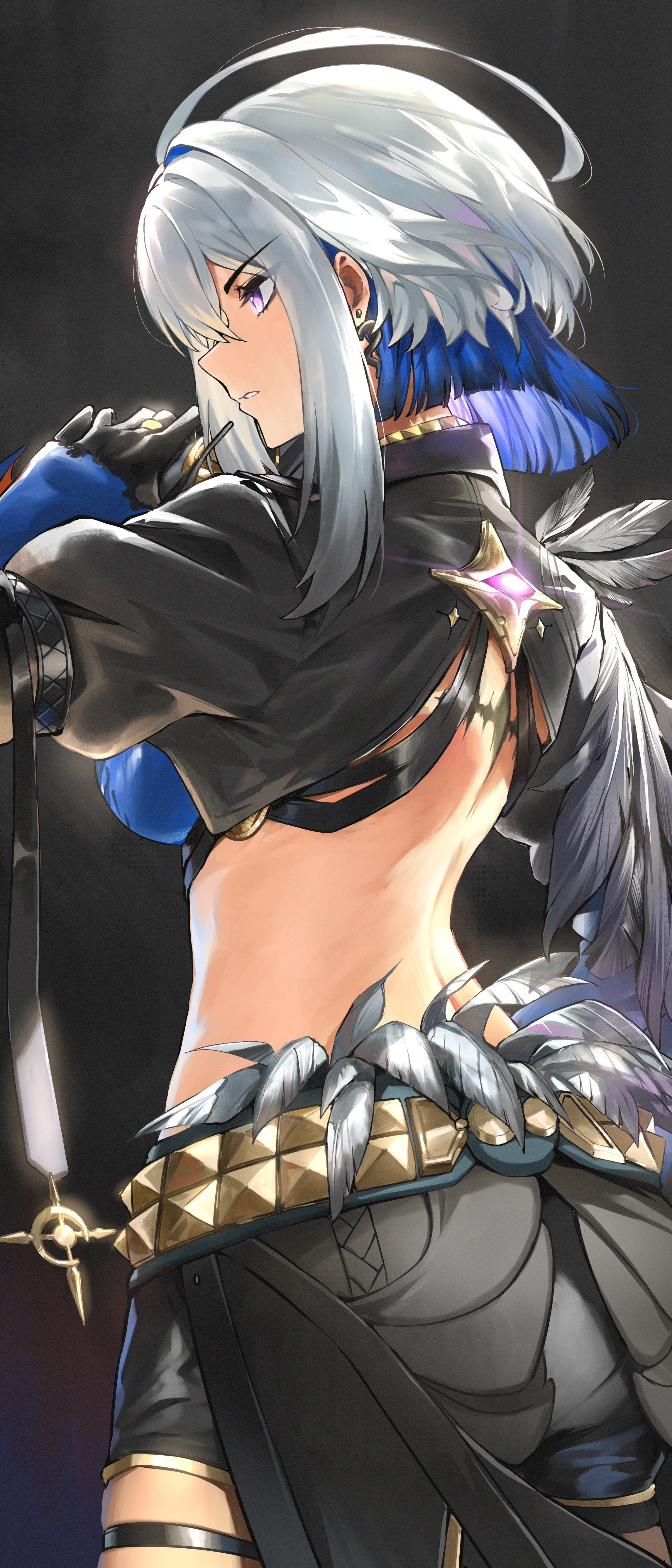 hanasawa (hanasawa062), galbrena (wuthering waves), wuthering waves, absurdres, commentary, highres, 1girl, back, black jacket, black shorts, black wings, blue bra, blue hair, bra, breasts, colored inner hair, cowboy shot, cropped jacket, dark background, earrings, feathered wings, grey hair, hand up, jacket, jewelry, large breasts, looking ahead, medium hair, multicolored hair, parted lips, profile, purple eyes, shorts, sidelocks, single wing, solo, tacet mark (wuthering waves), underwear, wings