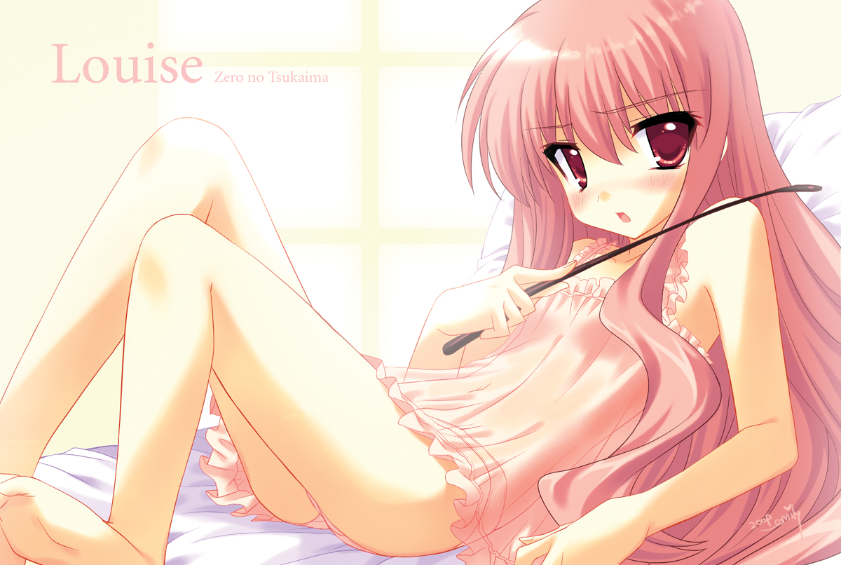 emily (pure dream), louise francoise le blanc de la valliere, media factory, zero no tsukaima, bad id, bad pixiv id, 00s, 1girl, barefoot, bed, blush, camisole, female focus, flat chest, lingerie, long hair, lying, pink eyes, pink hair, riding crop, solo, underwear, wand