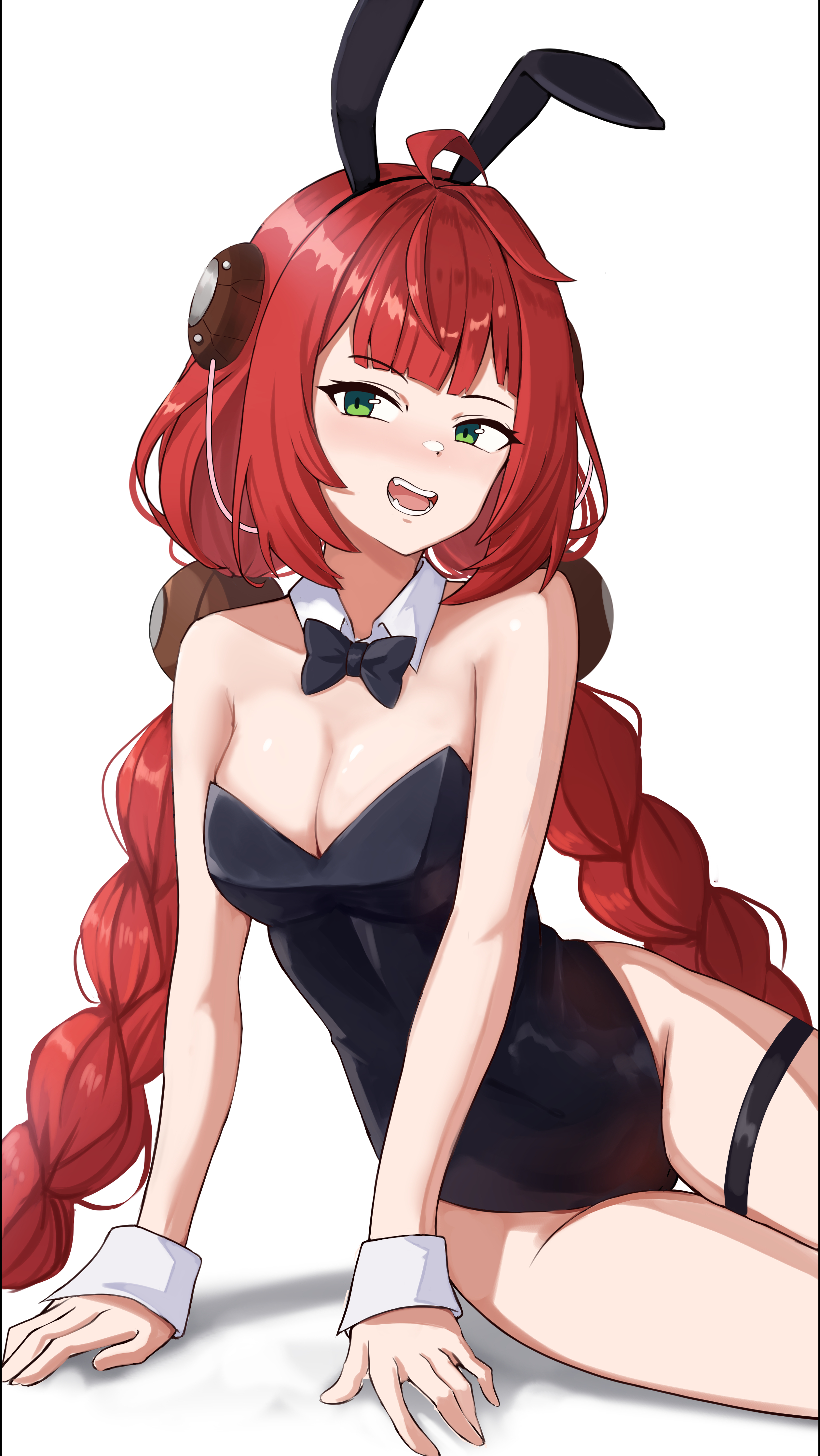 gustaflowart, ukinami yuzuha, zenless zone zero, absurdres, highres, 1girl, ahoge, animal ear hairband, animal ears, bare legs, black bow, black bowtie, black leotard, bow, bowtie, braid, breasts, cleavage, detached collar, fake animal ears, green eyes, hairband, hearing aid, leotard, long hair, looking at viewer, low twintails, medium breasts, open mouth, playboy bunny, rabbit ears, red hair, simple background, sitting, solo, strapless, strapless leotard, thigh strap, twin braids, twintails, very long hair, white background, wrist cuffs, yokozuwari