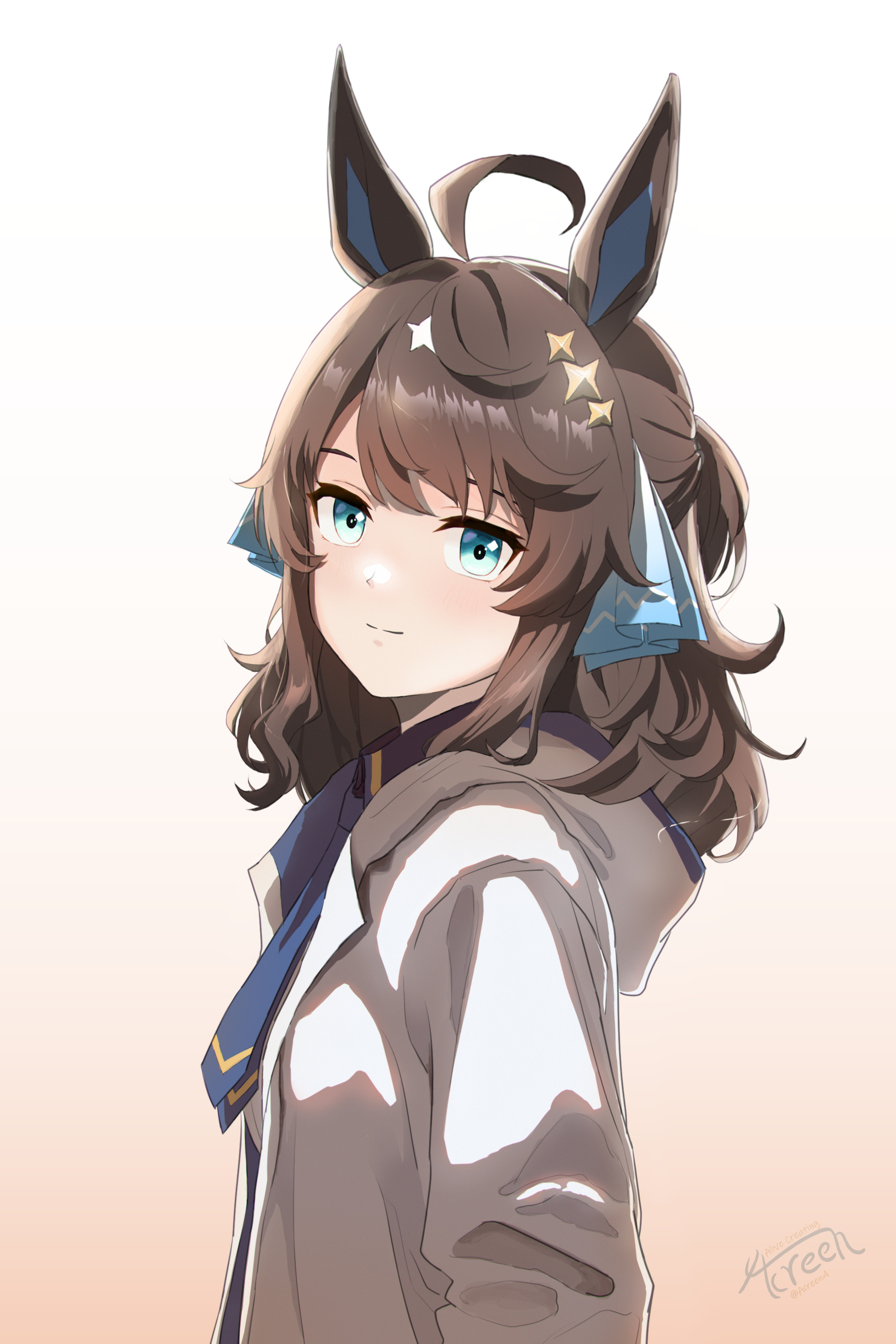 acreen, daring tact (umamusume), umamusume, absurdres, highres, 1girl, ahoge, animal ears, artist name, blue eyes, blush, breasts, closed mouth, hair between eyes, hair ornament, horse girl, jacket, looking at viewer, medium breasts, necktie, portrait, solo, star (symbol), star hair ornament, white background