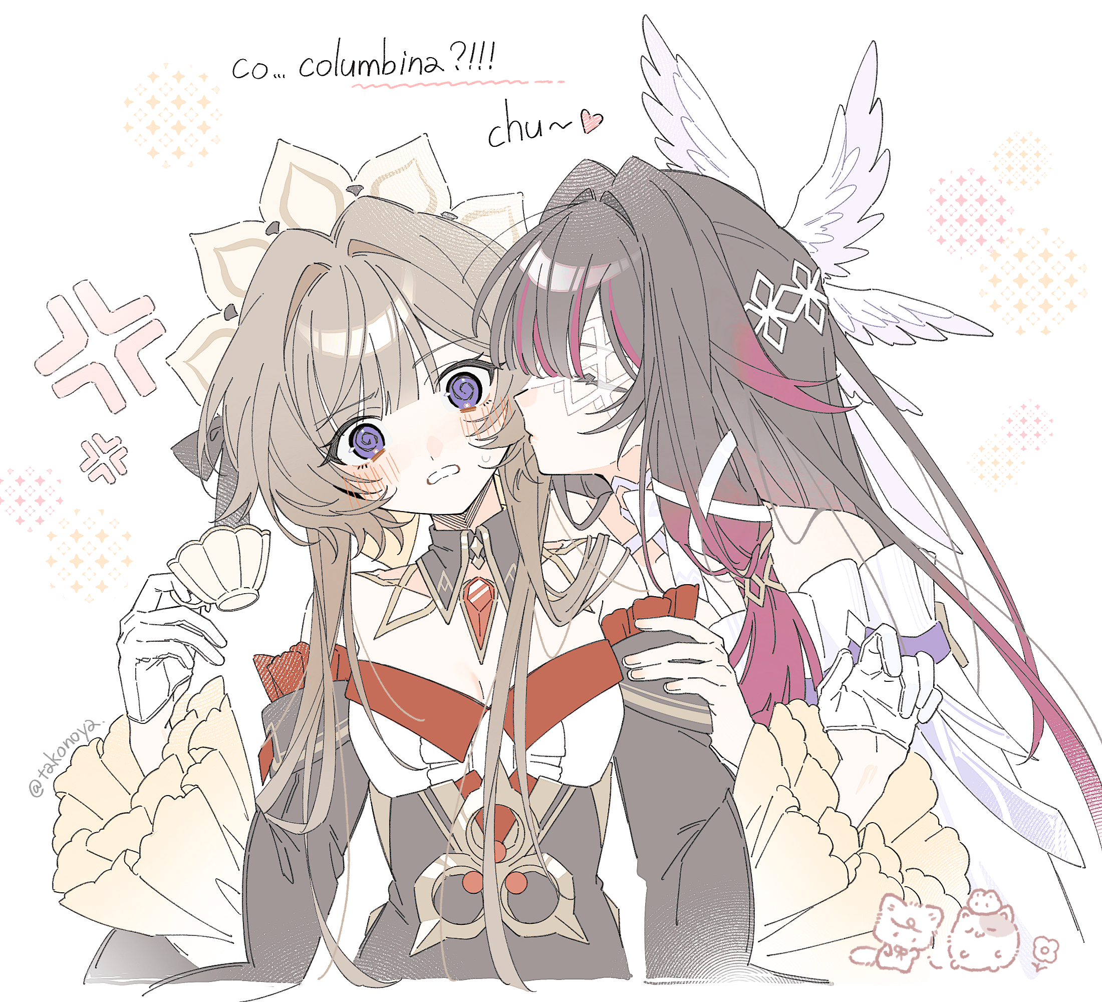 takonoya, columbina (genshin impact), sandrone (genshin impact), genshin impact, chinese commentary, commentary request, highres, 2girls, @ @, anger vein, bare shoulders, bell sleeves, black hair, black sleeves, blunt bangs, blush, brown hair, center frills, chibi, chibi inset, closed eyes, cup, detached collar, detached sleeves, english text, feathered wings, frills, gloves, gradient hair, hair flaps, hair intakes, hair ribbon, half gloves, hand on another's arm, head tilt, head wings, heart, holding, holding cup, kiss, kissing cheek, layered sleeves, long sidelocks, long sleeves, low-tied sidelocks, multicolored hair, multiple girls, multiple wings, parted lips, pink streaks, profile, purple eyes, raised eyebrows, ribbon, short hair with long locks, sidelocks, simple background, straight hair, strapless, streaked hair, surprise kiss, surprised, swept bangs, teacup, tress ribbon, turning head, twitter username, two-tone hair, u u, upper body, w arms, white background, white gloves, white wings, wing collar, wings, x-shaped eyewear, yellow sleeves, yuri