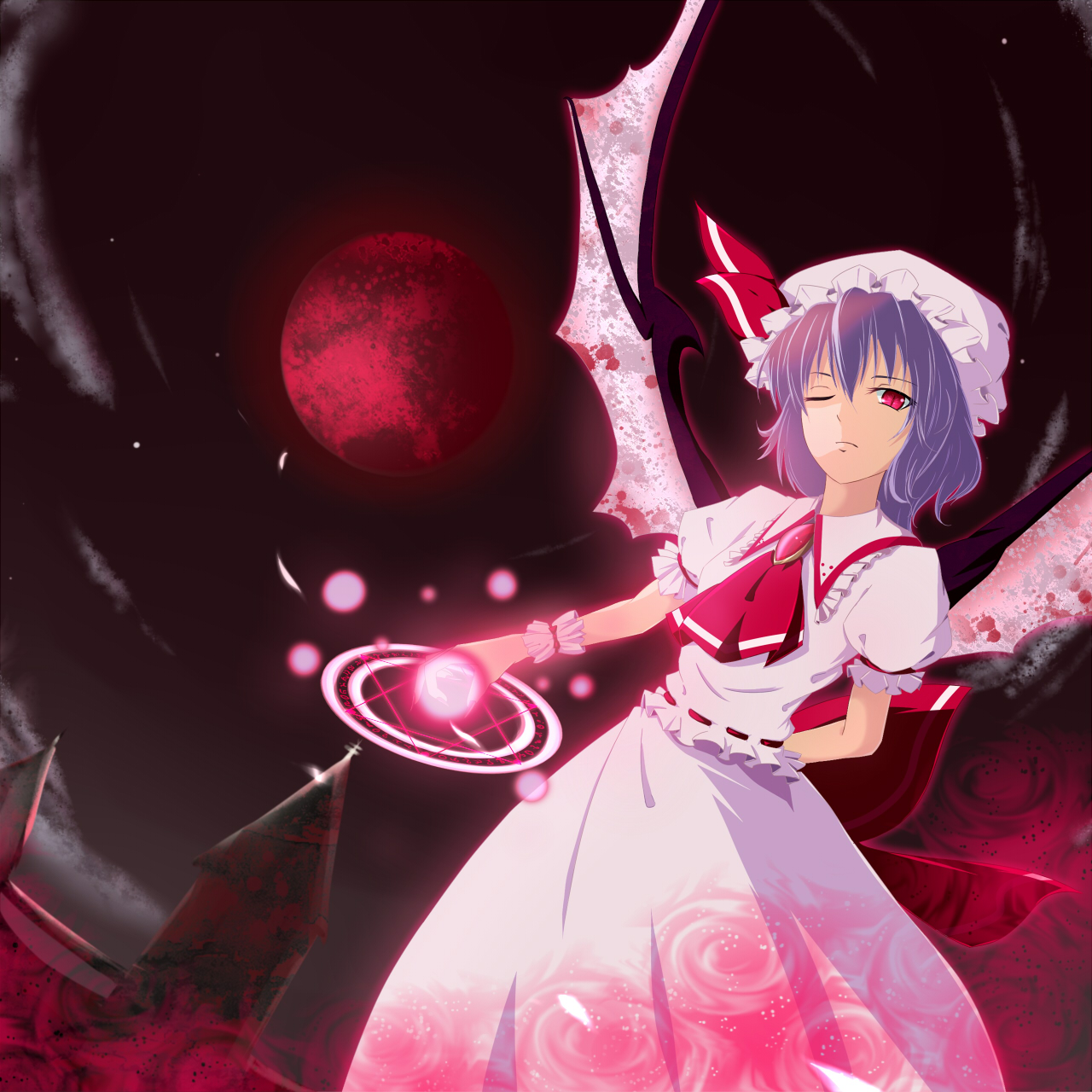 nikka (cryptomeria), remilia scarlet, touhou, highres, 1girl, blue hair, female focus, full moon, hat, magic circle, moon, one eye closed, purple hair, red eyes, red moon, slit pupils, solo, wings, wrist cuffs
