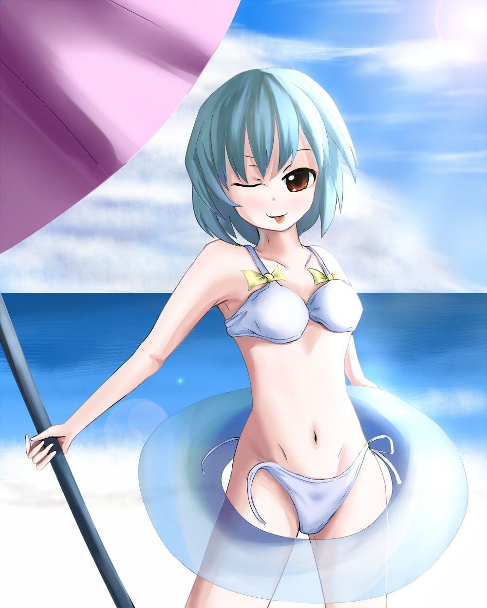 you (pixiv249955), you (shimizu), tatara kogasa, touhou, bad id, bad pixiv id, highres, 1girl, ;p, aqua hair, bikini, day, female focus, ocean, oil-paper umbrella, one eye closed, panties, red eyes, side-tie bikini bottom, side-tie panties, solo, swimsuit, tongue, tongue out, umbrella, underwear, untied bikini, white bikini, wink