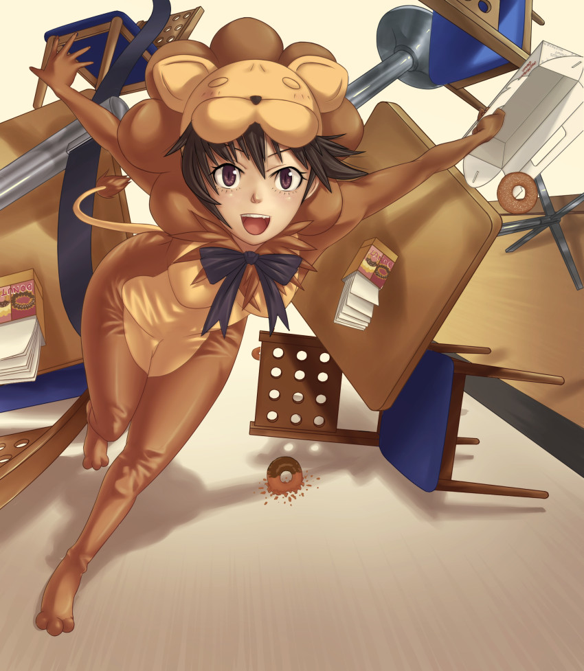 ringo (artist), pon de lion, mister donut, 1girl, black hair, cosplay, donut, fang, female focus, food, food-themed clothes, personification, pon de lion (cosplay), purple eyes, short hair, solo, tail