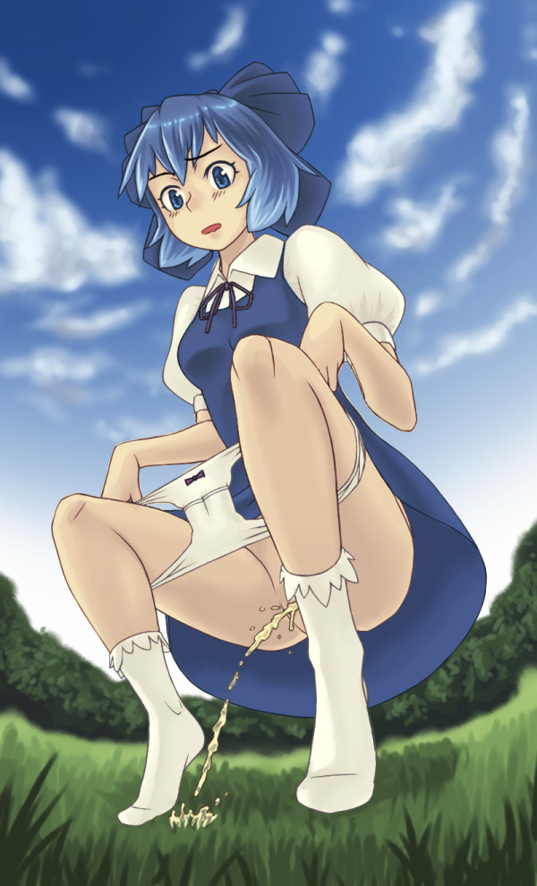 ringo (artist), cirno, embodiment of scarlet devil, touhou, 1girl, aged up, blue eyes, blue hair, cloud, day, female focus, from below, grass, matching hair/eyes, panties, panty pull, pee, peeing, socks, solo, squatting, underwear