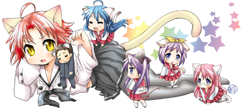 ubizo, hiiragi kagami, hiiragi tsukasa, izumi konata, kogami akira, shiraishi minoru, takara miyuki, lucky star, 00s, 1boy, 5girls, = =, ahoge, animal ears, blue eyes, blue hair, cat ears, cat tail, chibi, giant, giantess, glasses, hair ribbon, long hair, long sleeves, mini person, miniboy, minigirl, mole, mole under eye, mouse ears, mouse tail, multiple girls, pantyhose, pink hair, purple eyes, purple hair, ribbon, school uniform, serafuku, short hair, siblings, sisters, tail, twins, twintails, yellow eyes
