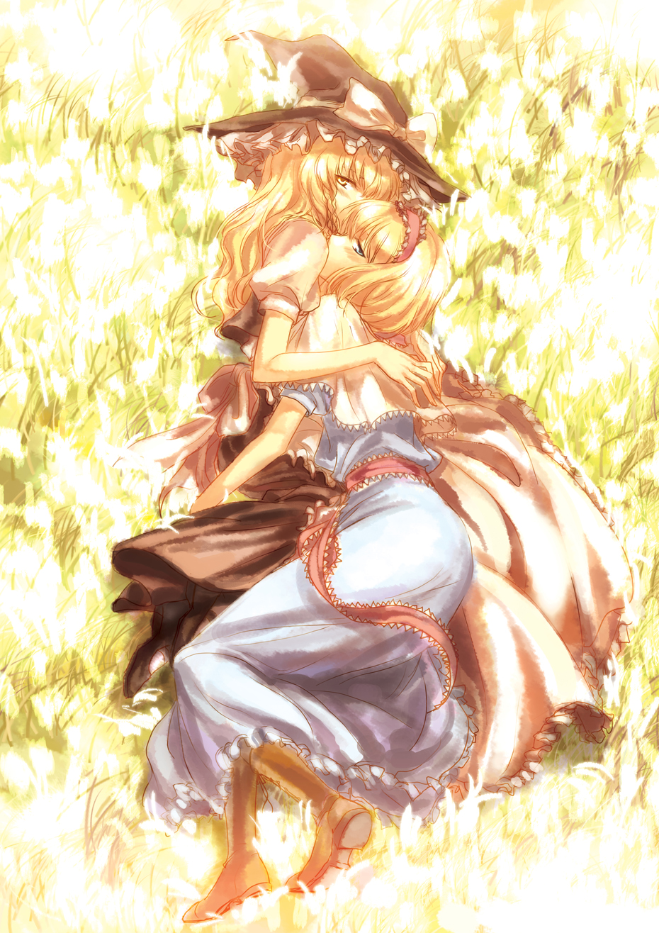 irua, alice margatroid, kirisame marisa, touhou, bad id, bad pixiv id, highres, 2girls, blonde hair, blue eyes, blush, couple, female focus, hairband, hat, hug, long hair, multiple girls, ribbon, short hair, witch, witch hat, yellow eyes, yuri