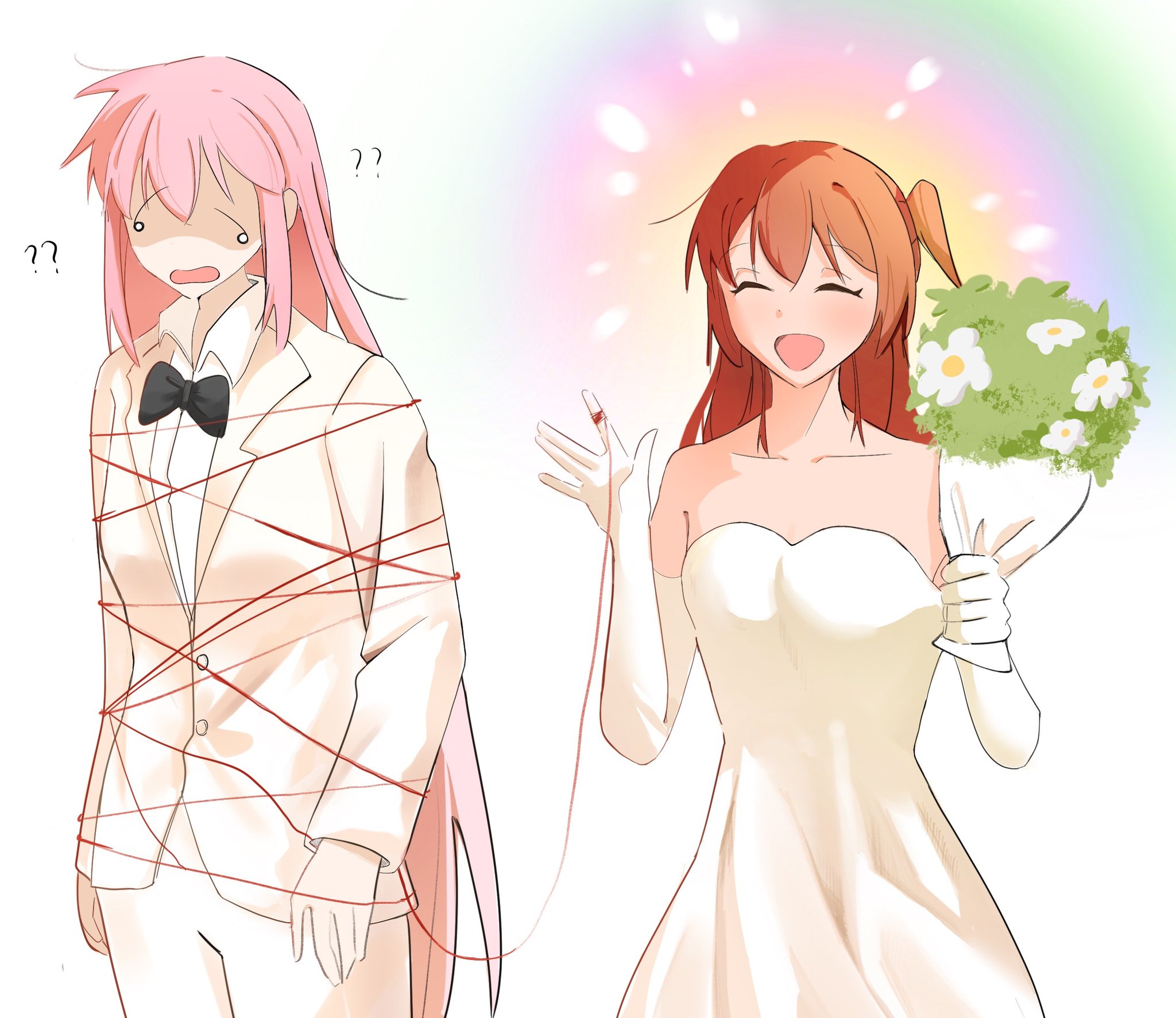 gotoh hitori, kita ikuyo, bocchi the rock!, commentary, hashtag-only commentary, highres, 2girls, ?, ??, bare shoulders, black bow, black bowtie, bouquet, bow, bowtie, c3444767, closed eyes, collared shirt, dress, elbow gloves, flower, formal clothes, gloves, hand up, holding, holding bouquet, multiple girls, one side up, open mouth, pants, rainbow, red hair, shirt, simple background, smile, string, string of fate, suit, wedding dress, white background, white dress, white flower, white gloves, white pants, white shirt, white suit, wife and wife, yuri