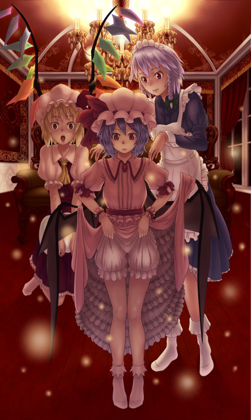 ringo (artist), flandre scarlet, izayoi sakuya, remilia scarlet, embodiment of scarlet devil, touhou, 3girls, bat wings, blonde hair, bloomers, blue hair, clothes lift, female focus, multiple girls, red eyes, skirt, skirt lift, socks, underwear, wings