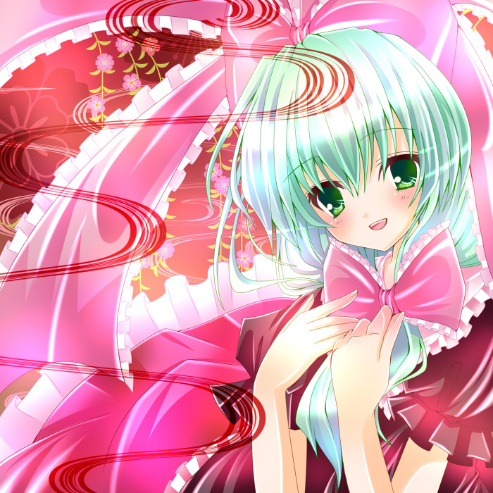 nanase nao, kagiyama hina, touhou, bad id, bad pixiv id, 1girl, female focus, front ponytail, green eyes, green hair, hair ribbon, matching hair/eyes, ribbon, smile, solo