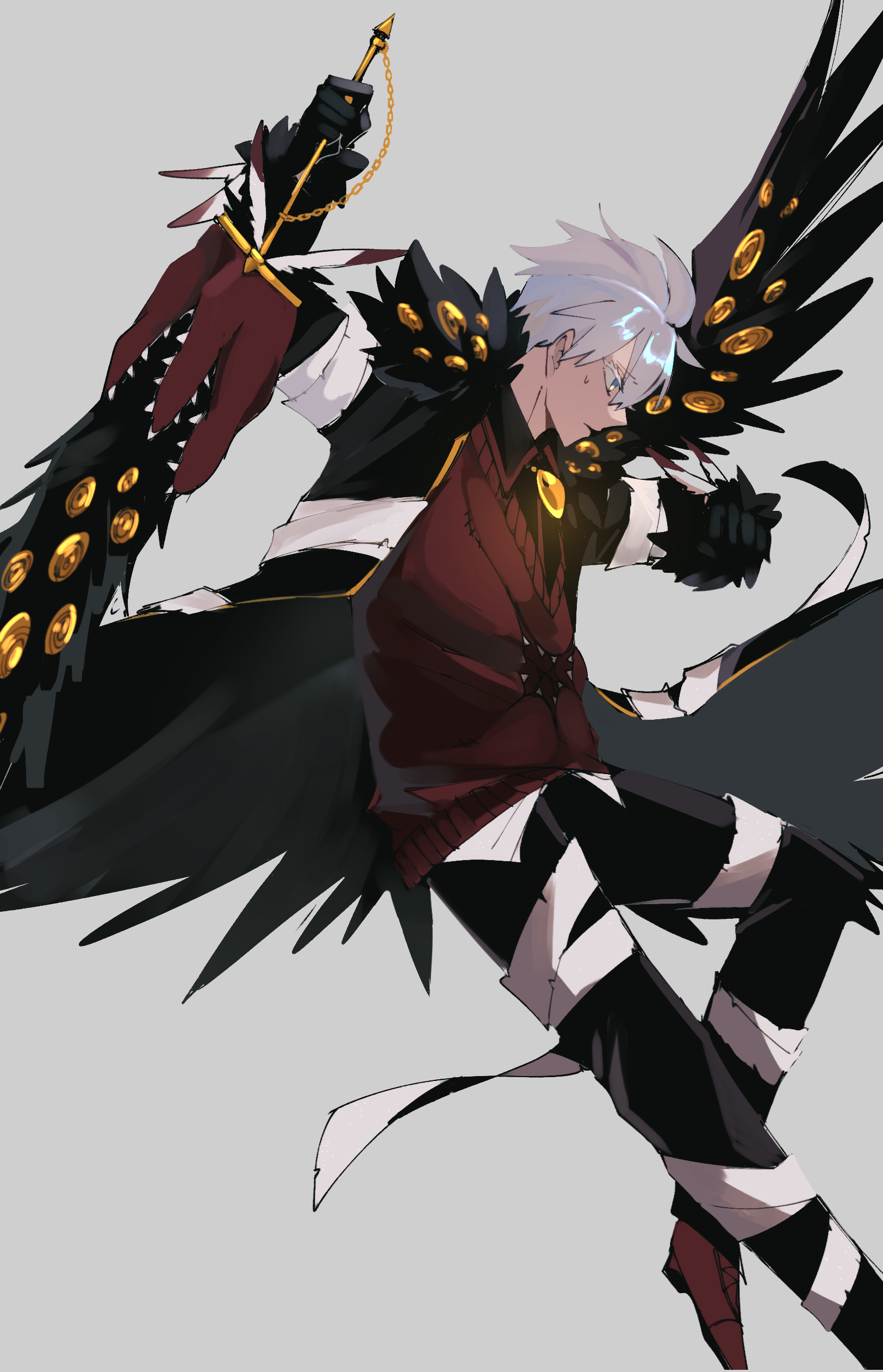 employee (project moon), nugget (project moon), lobotomy corporation, project moon, absurdres, highres, 1boy, 779 nnk, bandages, bandages over clothes, black coat, black gloves, black pants, black wings, blue eyes, chain, coat, collared shirt, e.g.o (project moon), falling, feathers, fur trim, gloves, gold trim, grey background, holding, holding sword, holding weapon, long sleeves, male focus, pants, profile, red shoes, red vest, shirt, shoes, short hair, simple background, single wing, solo, sweater vest, sword, twilight (e.g.o), vest, weapon, white hair, wings