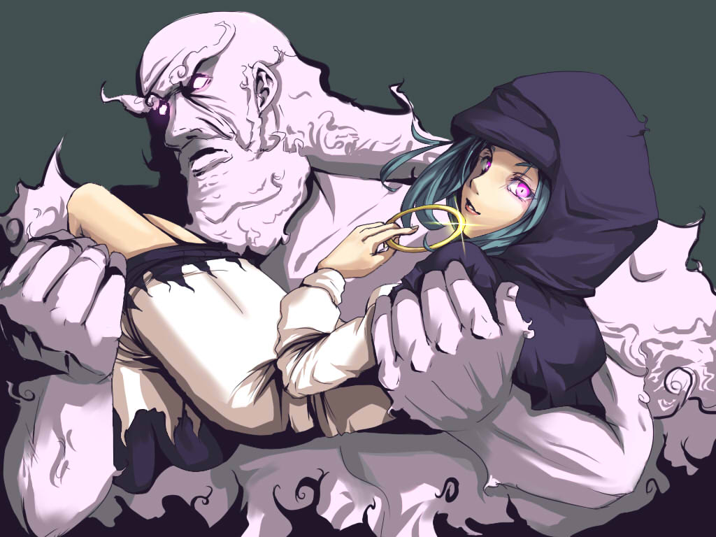 aryus, kumoi ichirin, unzan, touhou, bad id, bad pixiv id, 1boy, 1girl, bracelet, carrying, hood, jewelry, muscular, princess carry, purple eyes, ring