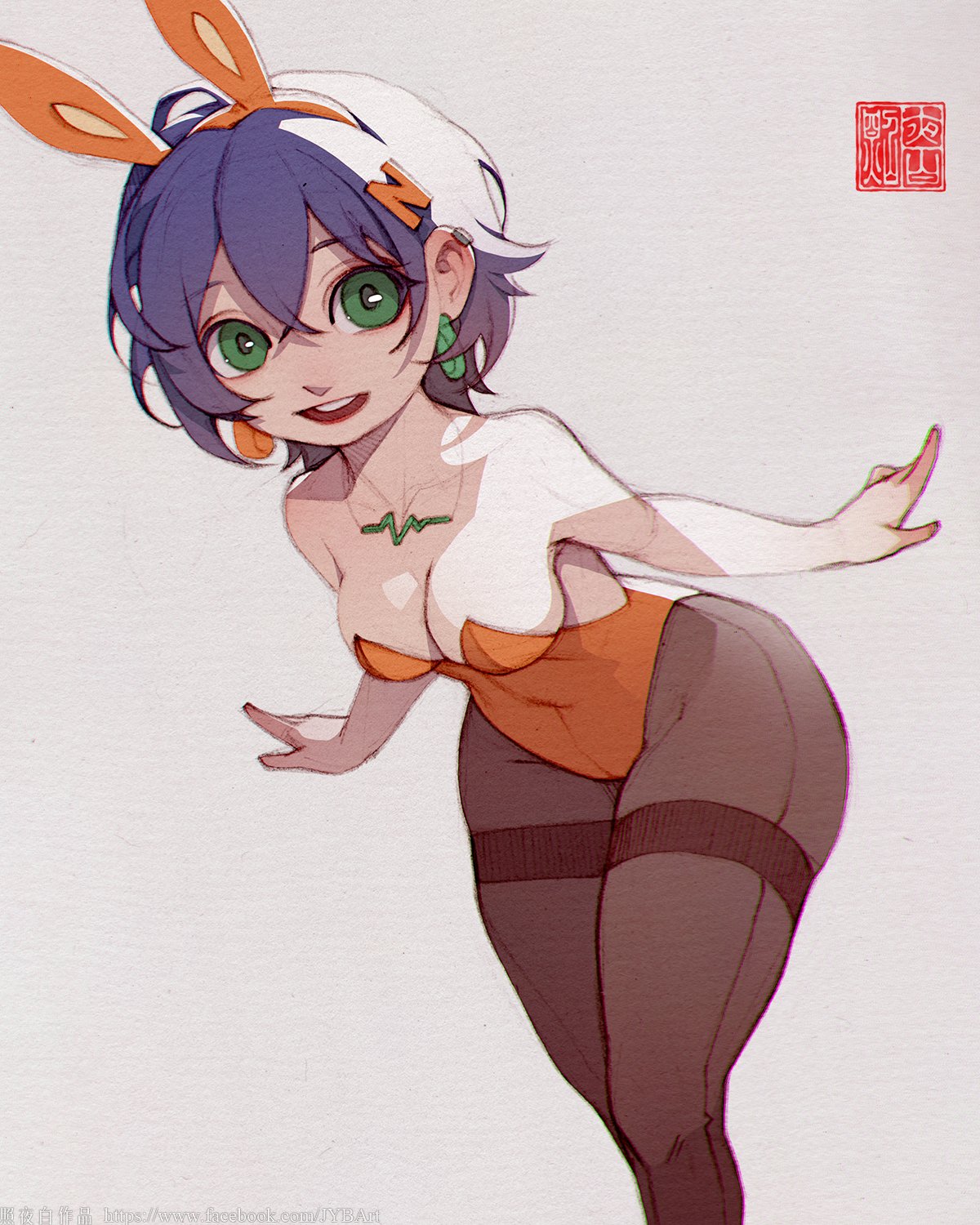 zhaoyebai, belle (zenless zone zero), zenless zone zero, highres, 1girl, animal ears, bare shoulders, blue hair, breasts, earrings, fake animal ears, gradient background, green eyes, hair ornament, jewelry, leotard, letter hair ornament, looking at viewer, medium breasts, open mouth, pantyhose, playboy bunny, rabbit ears, short hair, simple background, smile, solo, standing, strapless, strapless leotard, thighs