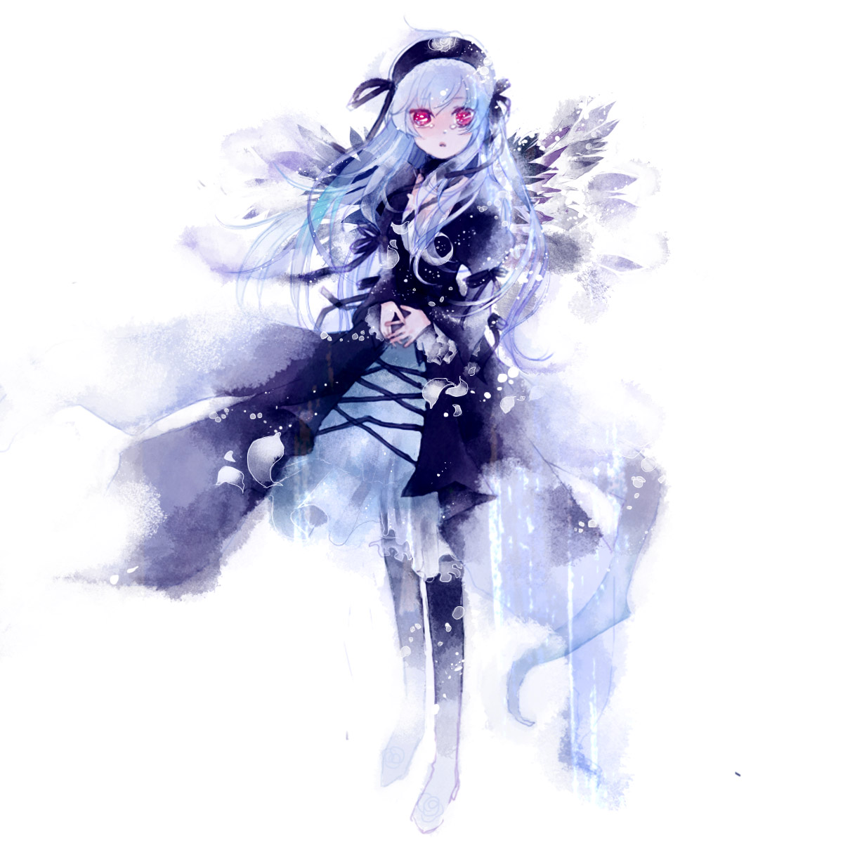 yoshida yoshitsugi, yoshitsugi, suigintou, rozen maiden, silver hair, highres, 00s, 1girl, dress, female focus, frills, hairband, long hair, purple eyes, solo, tears, wings