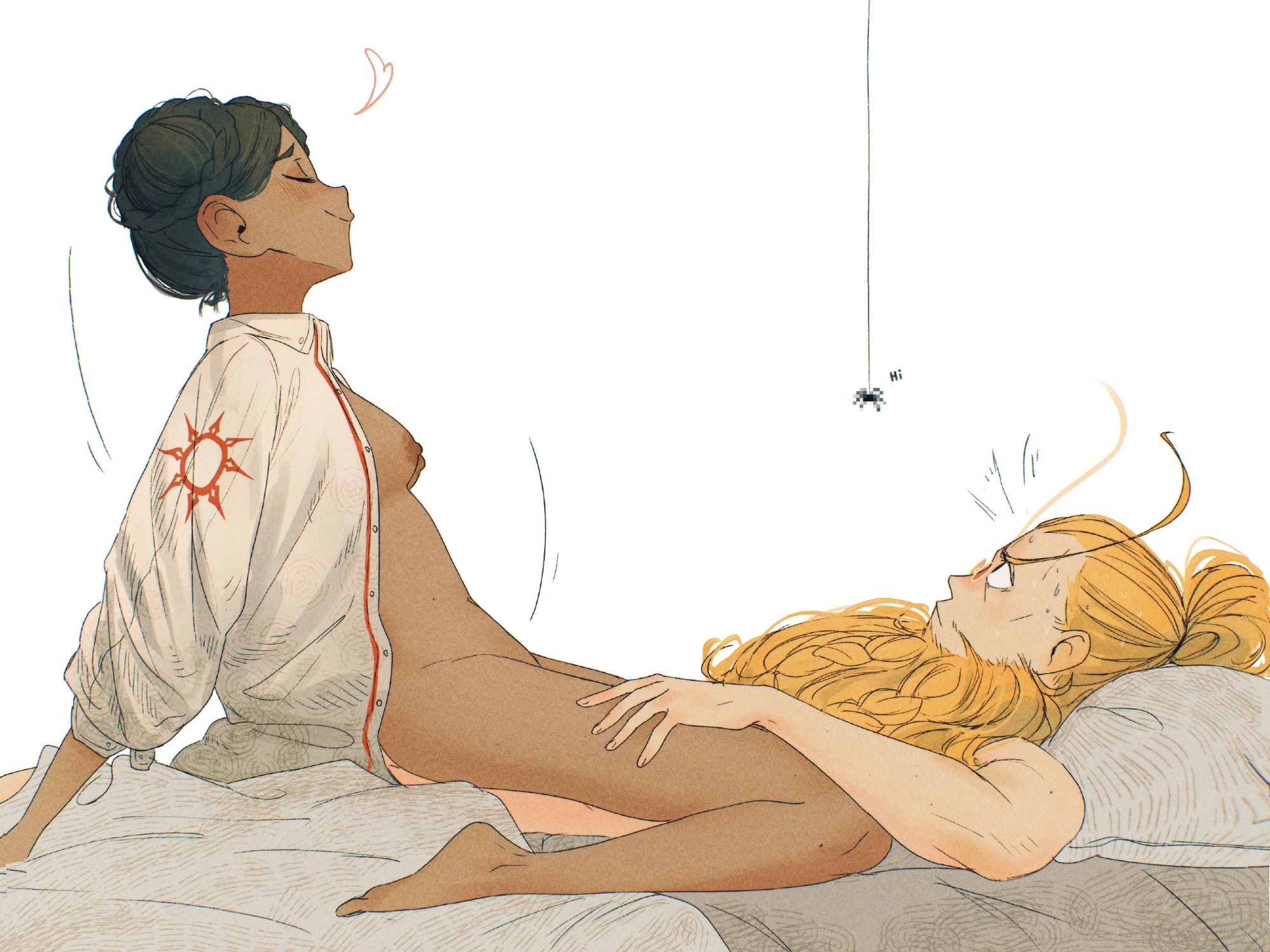 spindle (aidenr0), original, commentary, english commentary, highres, 1boy, 1girl, arm support, arms behind back, beard, black hair, blonde hair, braid, breasts, bug, bun with braided base, censored, closed eyes, closed mouth, collared shirt, cowgirl position, dark-skinned female, dark skin, english text, facial hair, fake censor, girl on top, hair bun, halden (spindle (aidenr0)), happy sex, heart, implied sex, long beard, long hair, long sleeves, lying, mosaic censoring, musical note, naked shirt, nipples, notice lines, on back, open clothes, open shirt, shirt, simple background, single hair bun, small breasts, spider, straddling, sweat, tess (spindle (aidenr0)), white background, white shirt, wing collar