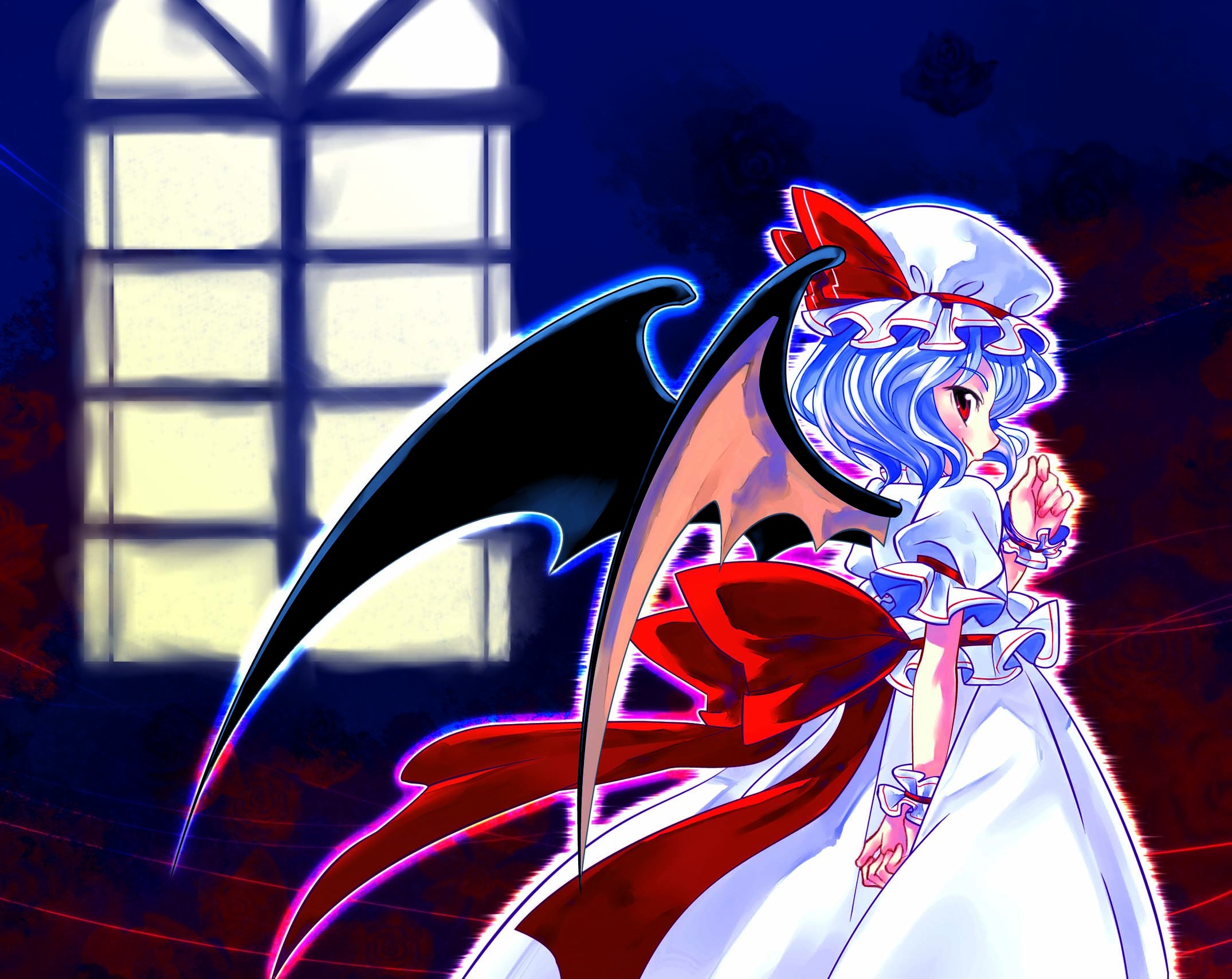 sakino shingetsu, remilia scarlet, touhou, commentary request, highres, 1girl, arm at side, bat wings, blue hair, blush, cowboy shot, female focus, frilled sleeves, frills, from side, gradient background, hat, hat ribbon, looking at viewer, mob cap, profile, puffy short sleeves, puffy sleeves, red eyes, red ribbon, ribbon, short sleeves, skirt, skirt set, smile, solo, standing, window, wings, wrist cuffs