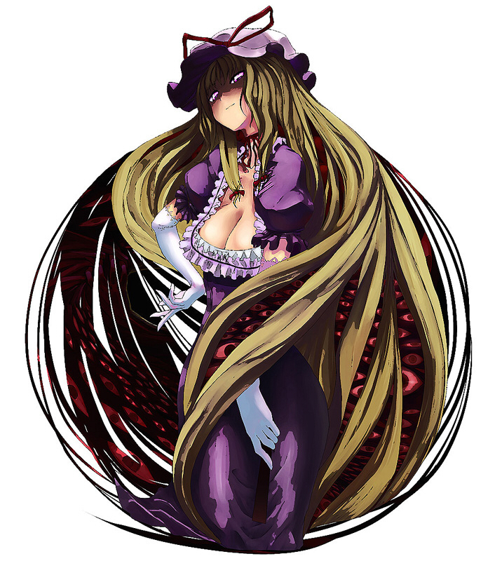arugeri, yakumo yukari, touhou, 1girl, blonde hair, breasts, choker, cleavage, creepy, dress, elbow gloves, female focus, gap (touhou), gloves, hat, horror (theme), large breasts, long hair, purple dress, purple eyes, ribbon choker, solo, very long hair