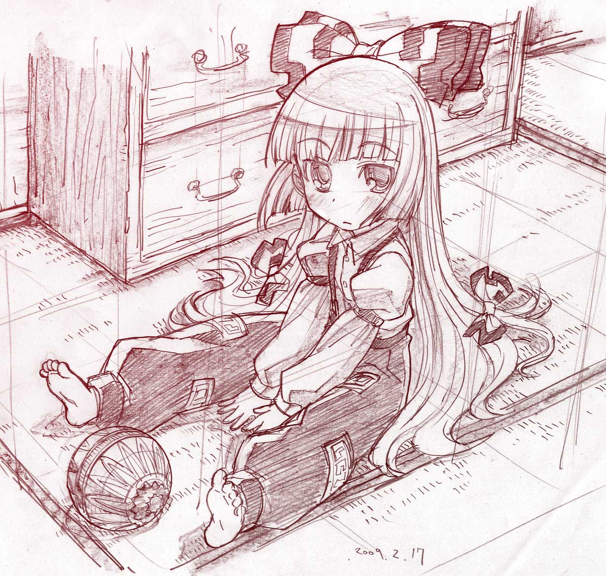 sakino shingetsu, fujiwara no mokou, touhou, graphite (medium), traditional media, 1girl, aged down, ball, barefoot, blunt bangs, blush, bow, child, closed mouth, dated, feet, female focus, full body, hair bow, hair ribbon, hime cut, long hair, looking at viewer, monochrome, red theme, ribbon, sitting, sketch, soles, solo, tatami, temari ball, v arms, very long hair