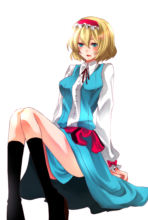 yutazou, alice margatroid, touhou, bad id, bad pixiv id, 1girl, black boots, black socks, blonde hair, blue eyes, boots, female focus, hairband, short hair, simple background, socks, solo