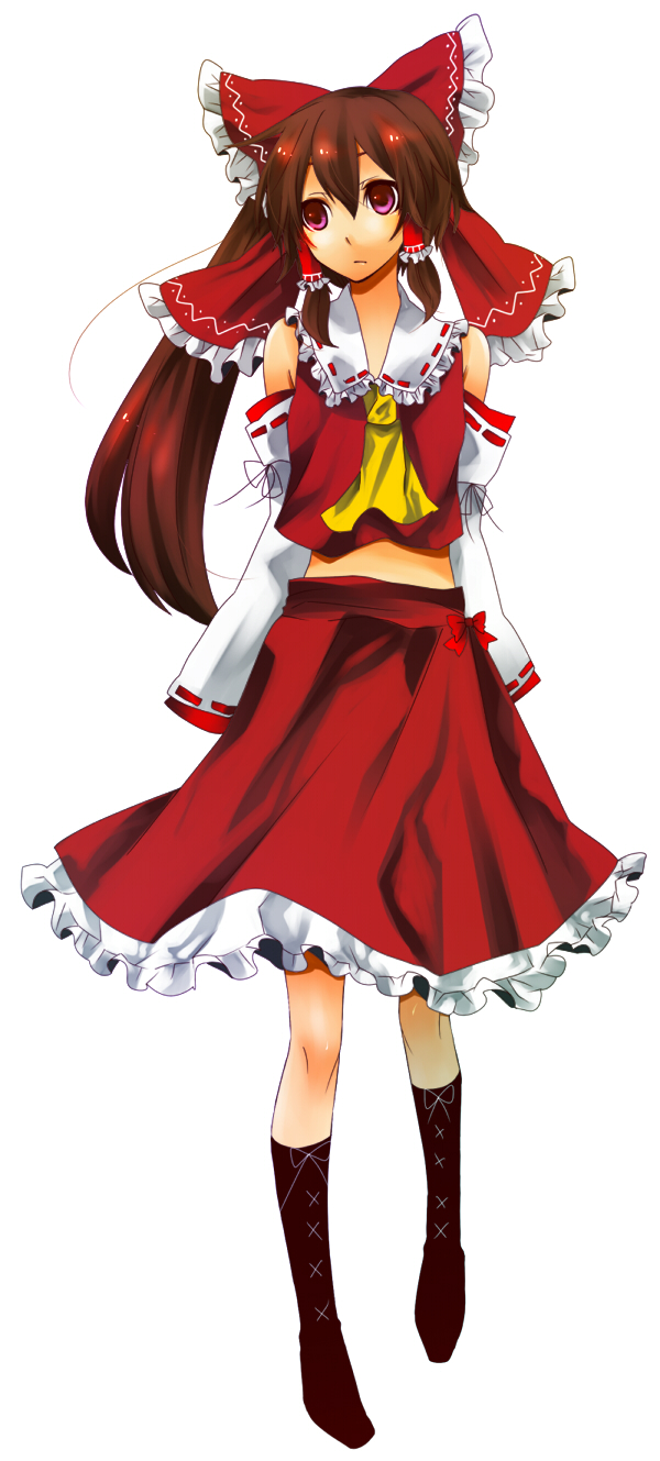 yutazou, hakurei reimu, touhou, bad id, bad pixiv id, highres, 1girl, boots, bow, brown hair, detached sleeves, female focus, full body, hair bow, japanese clothes, kneehighs, lace-up boots, large bow, miko, no shoes, purple eyes, simple background, socks, solo