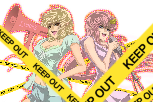 ob sayu, cagalli yula athha, lacus clyne, gundam, gundam seed, gundam seed destiny, 00s, 2girls, blonde hair, breasts, caution tape, cleavage, dress, hair ornament, keep out, long hair, medium breasts, megaphone, microphone, microphone stand, midriff, multiple girls, music, pink hair, purple eyes, short hair, singing, smile, yellow eyes