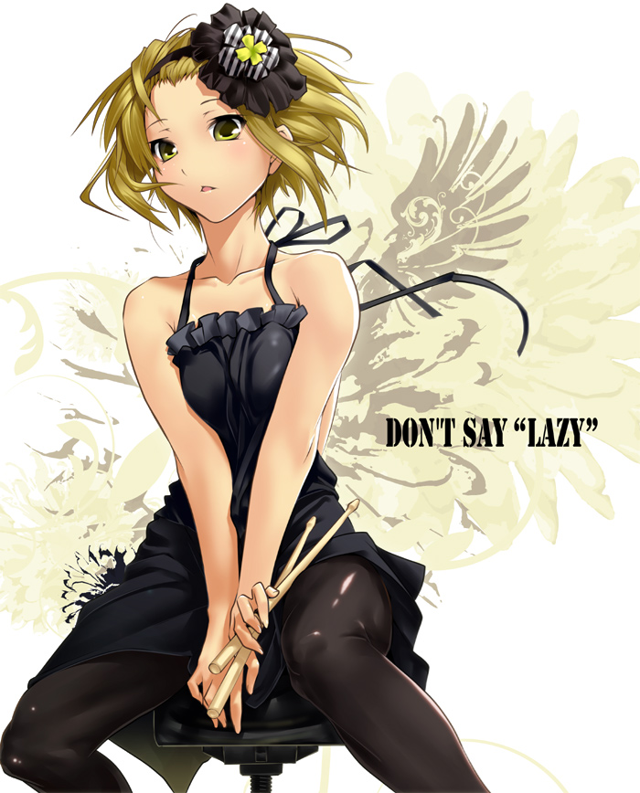 nilitsu, tainaka ritsu, don't say "lazy", k-on!, 00s, 1girl, :<, bare shoulders, blonde hair, dress, drumsticks, female focus, hair ornament, halterneck, pantyhose, short hair, sitting, solo, stool, wings, yellow eyes