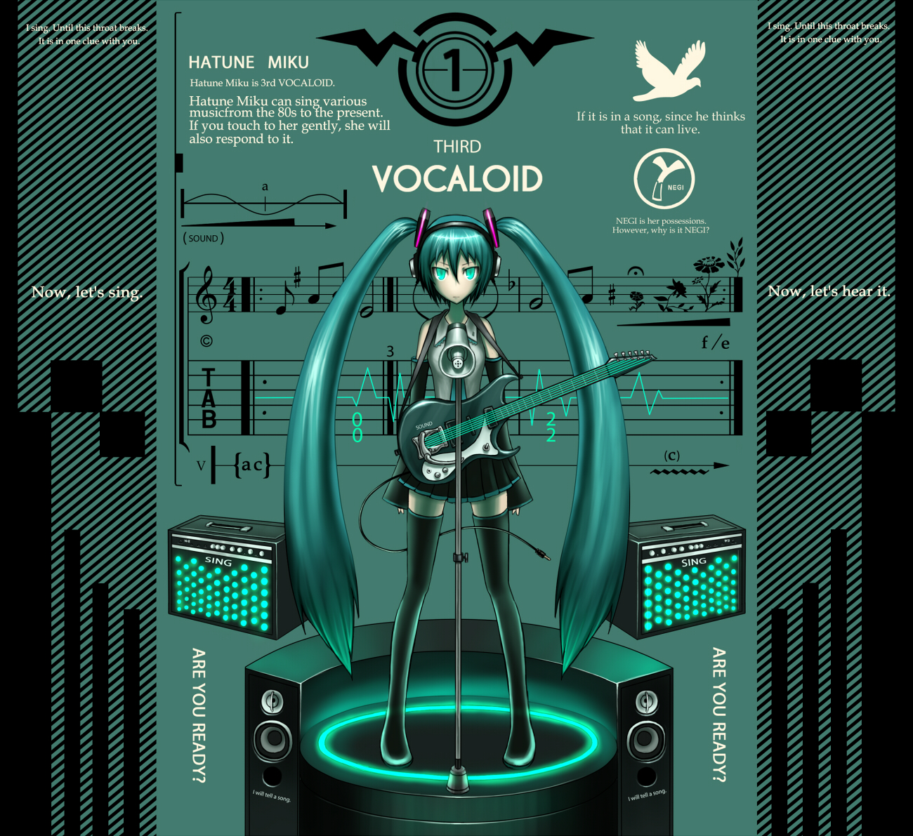 gia, hatsune miku, vocaloid, aqua eyes, aqua hair, english text, engrish text, long hair, megaphone, ranguage, solo, thighhighs, twintails, very long hair, zettai ryouiki