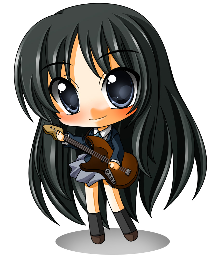 shinjitsu, akiyama mio, k-on!, bad id, bad pixiv id, 00s, 1girl, bass guitar, black hair, blue eyes, chibi, female focus, full body, gradient background, instrument, long hair, school uniform, skirt, solo