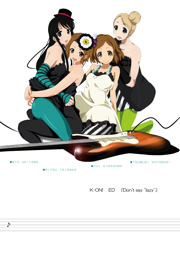 tsuka (blind side), akiyama mio, hirasawa yui, kotobuki tsumugi, tainaka ritsu, don't say "lazy", k-on!, striped legwear, vertical-striped legwear, 00s, 4girls, ass, black eyes, black hair, blonde hair, blue eyes, blue pantyhose, blunt bangs, brown eyes, brown hair, dress, green pantyhose, guitar, hair bun, hat, hime cut, ho-kago tea time, hug, instrument, long hair, mini hat, mini top hat, multiple girls, pantyhose, short hair, single hair bun, socks, striped clothes, striped pantyhose, top hat, vertical-striped clothes, vertical-striped pantyhose