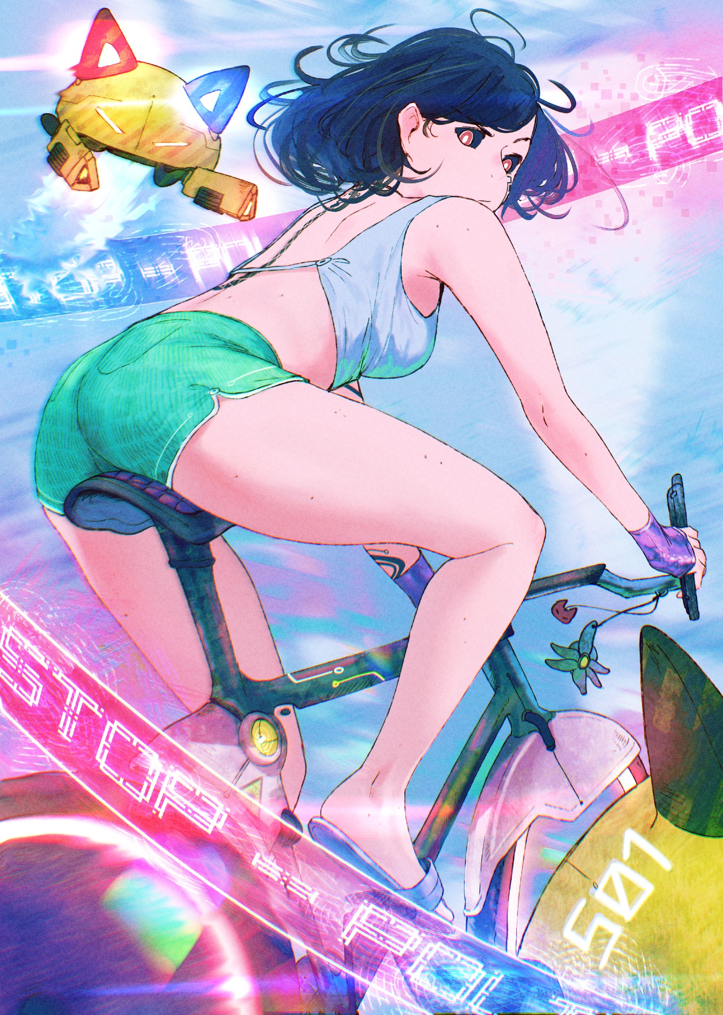 spindle (aidenr0), original, commentary, english commentary, highres, 1girl, ass, backless shirt, bicycle, black hair, black sclera, breasts, bright pupils, closed mouth, colored sclera, crop top, cropped shirt, drone, full body, green shorts, grey shirt, leaning forward, looking at viewer, looking back, medium breasts, medium hair, mole, multiple moles, red eyes, riding, riding bicycle, sand, science fiction, shirt, short shorts, shorts, sitting, sleeveless, sleeveless shirt, solo, white pupils