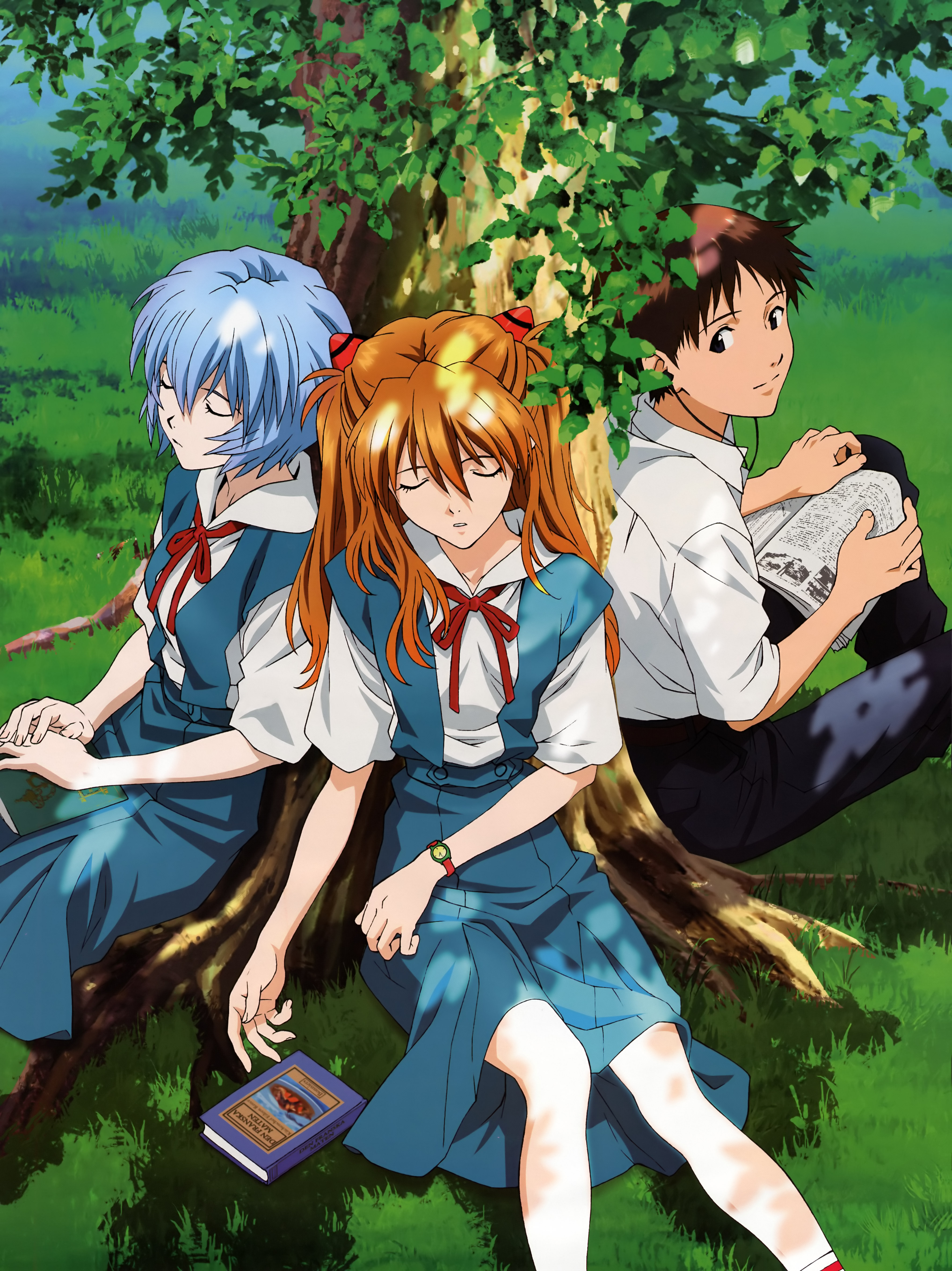 ayanami rei, ikari shinji, souryuu asuka langley, neon genesis evangelion, absurdres, highres, scan, 1boy, 2girls, blue hair, book, brown eyes, brown hair, closed eyes, day, multiple girls, orange hair, outdoors, school uniform, sitting, sleeping, swedish text, tree, watch, wristwatch