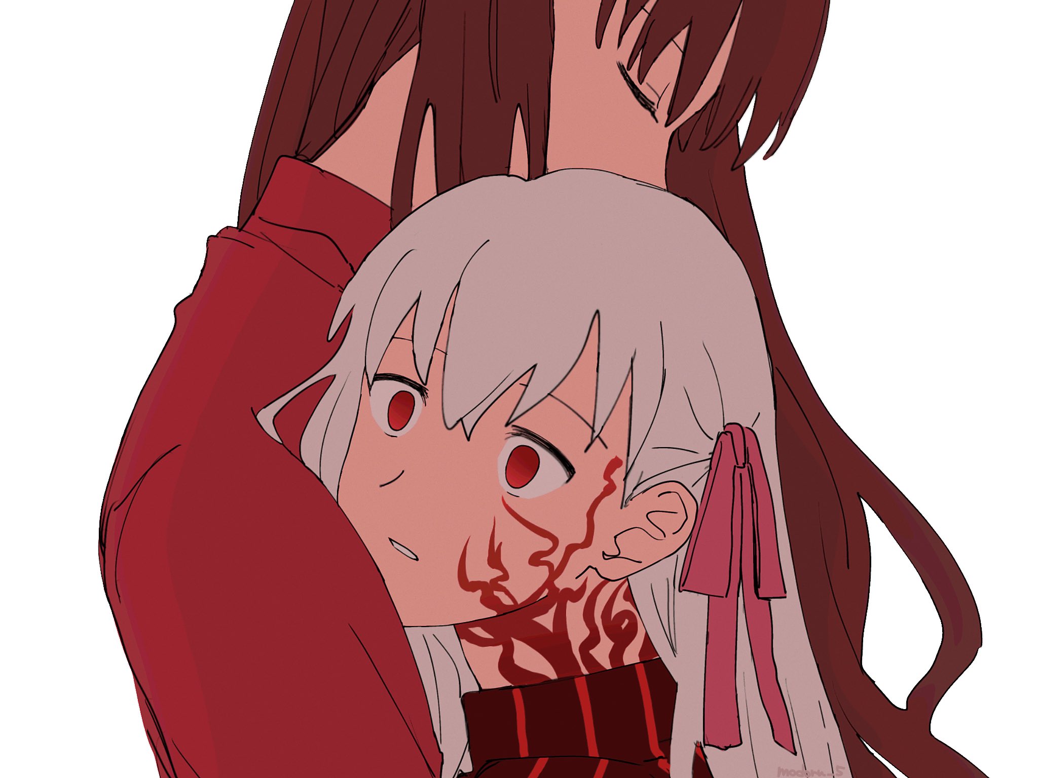 modoru 5, dark sakura, matou sakura, tohsaka rin, fate/stay night, fate (series), heaven's feel, commentary request, highres, 2girls, brown hair, closed eyes, empty eyes, facial mark, hair ribbon, hug, multiple girls, red eyes, ribbon, siblings, sisters, turtleneck, white hair