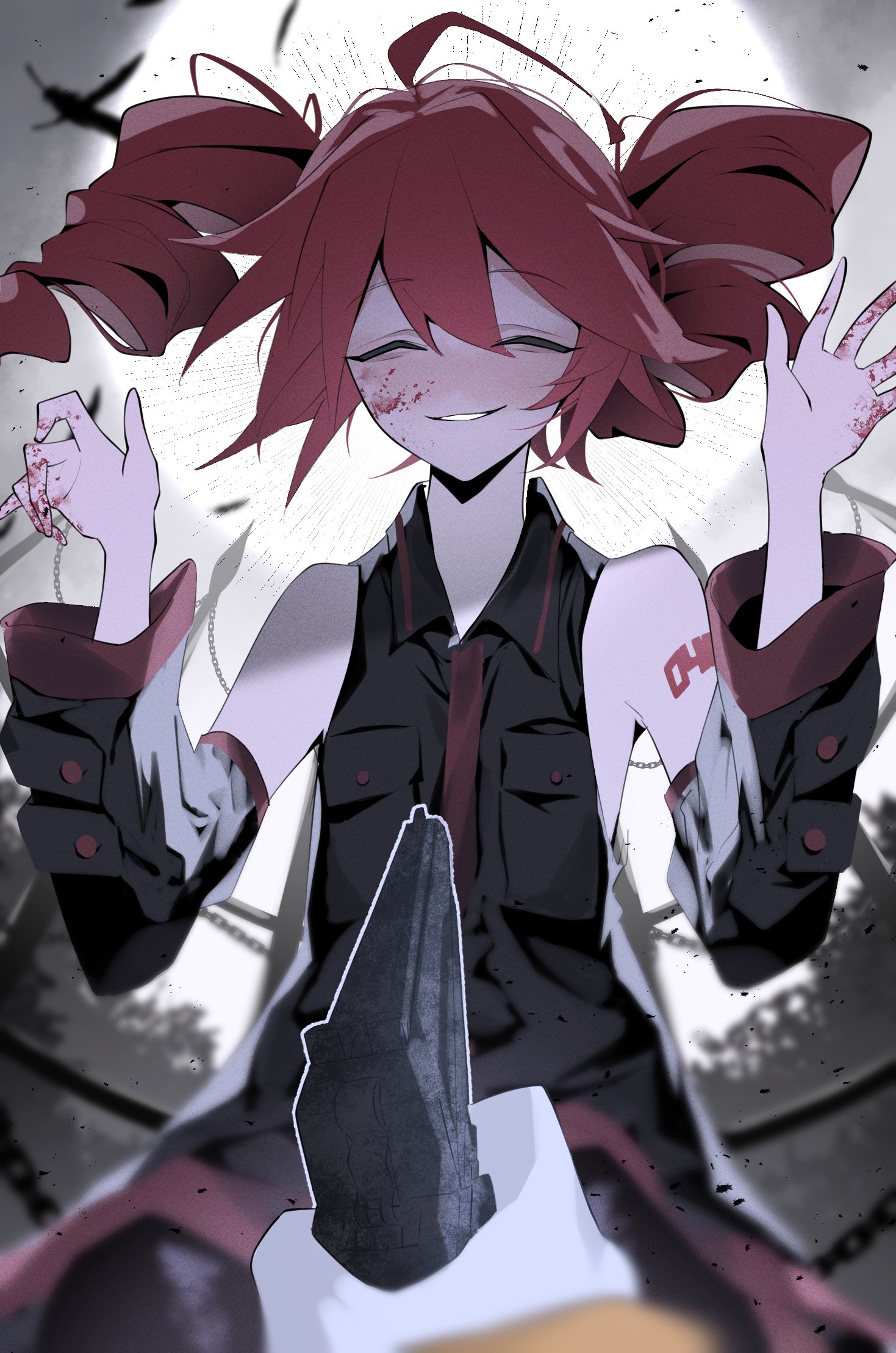 shihiki, kasane teto, utau, hashtag-only commentary, highres, 1girl, at gunpoint, black shirt, black sleeves, blood, blood on face, blood on hands, closed eyes, collared shirt, detached sleeves, drill hair, facing viewer, grin, gun, hair between eyes, handgun, hands up, holding, holding gun, holding weapon, necktie, pov, pov hands, red hair, red necktie, shirt, sleeveless, sleeveless shirt, smile, twin drills, twintails, weapon