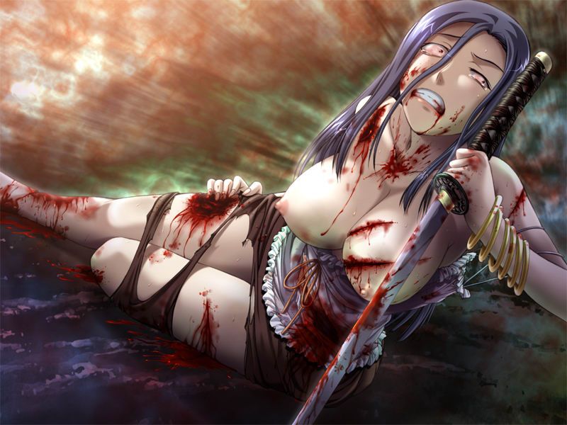 miyata sou, heaven ~death game~, game cg, 1girl, blood, bracelet, breasts, clenched teeth, guro, injury, jewelry, katana, long hair, nipples, sword, tears, teeth, torn clothes, weapon