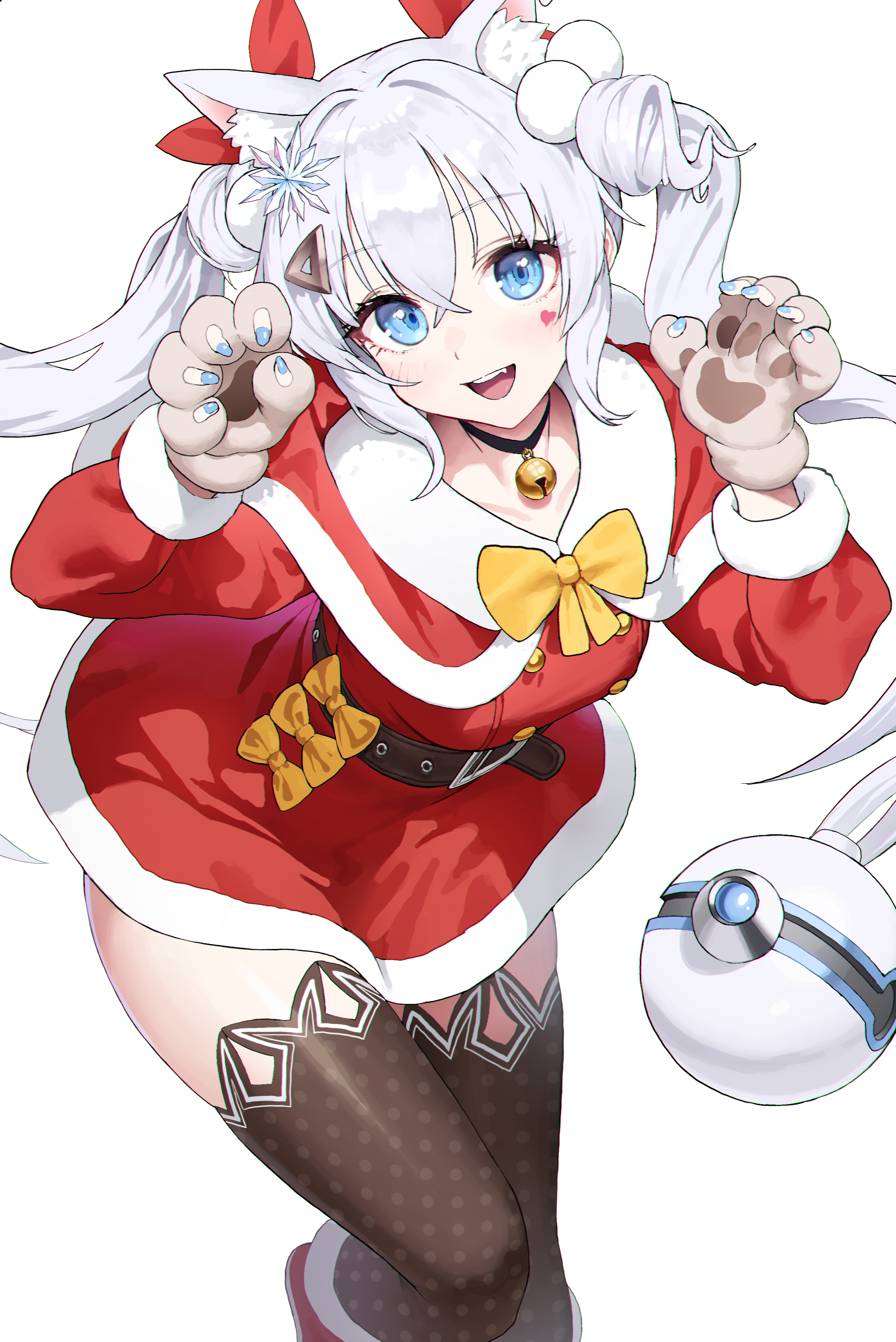 migu (iws2525), n102 (miracle fairy) (nikke), n102 (nikke), goddess of victory: nikke, absurdres, highres, 1girl, animal ear fluff, animal ears, animal hands, ball, bell, belt, belt buckle, black thighhighs, blue eyes, blue nails, blush, bow, bowtie, breasts, brown belt, buckle, buttons, cat ears, collar, crossed bangs, double-breasted, dress, facial mark, fingerless gloves, from above, gloves, hair between eyes, hair ornament, hair ribbon, hands up, happy, heart, looking at viewer, neck bell, open mouth, paw gloves, paw pose, red dress, red ribbon, red shoes, ribbon, santa costume, shoes, sidelocks, small breasts, snowflake hair ornament, solo, standing, thighhighs, twintails, white background, white hair, yellow bow, yellow bowtie