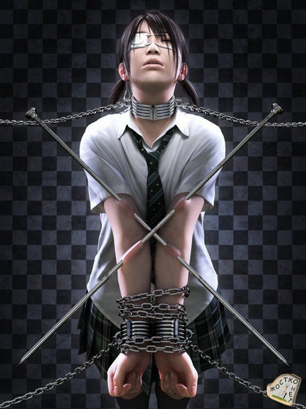 yoshitaka kawakami, chain, eyepatch, female focus, guro