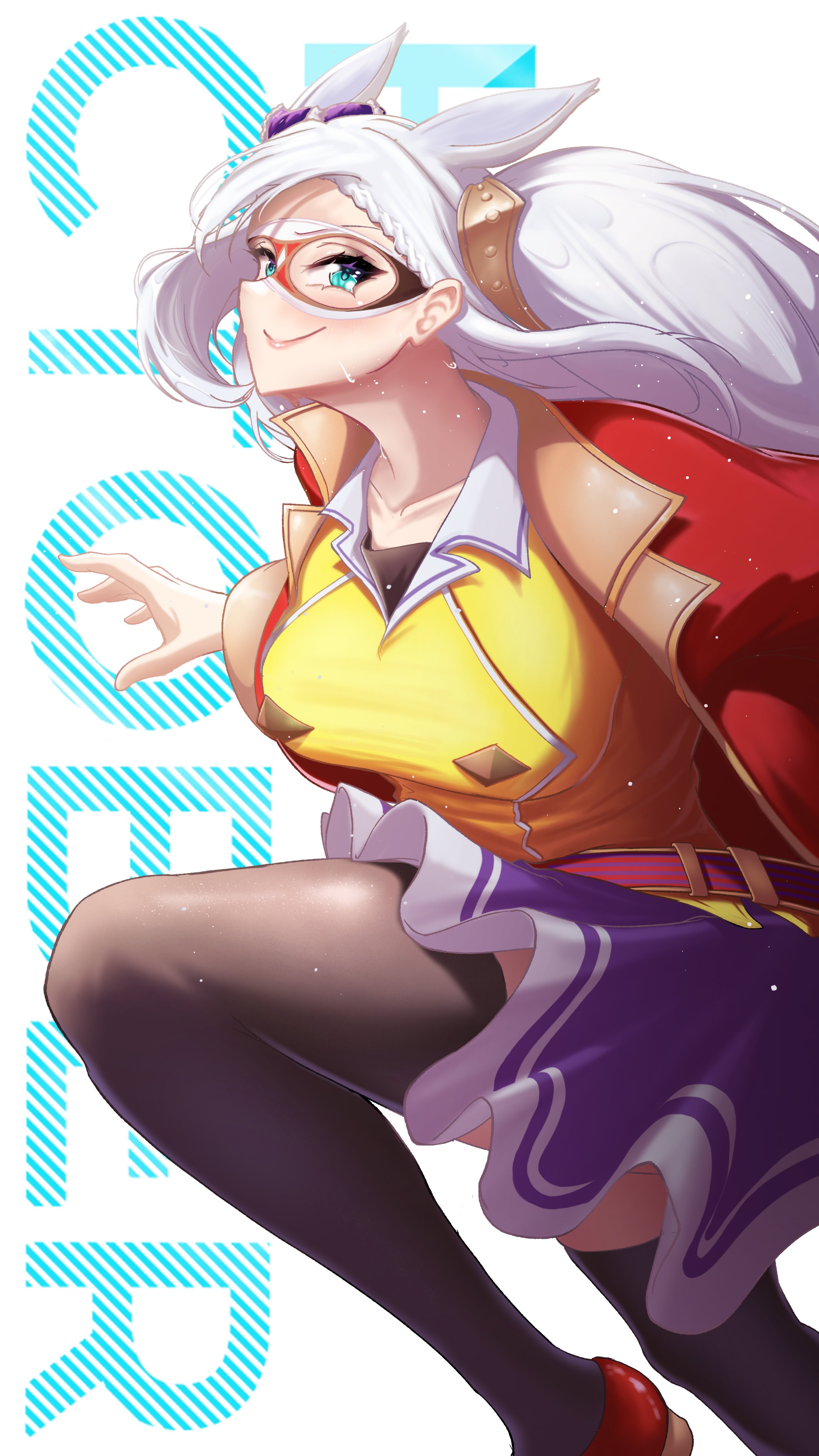 clero (viprimo), pavolia reine, hololive, hololive indonesia, absurdres, highres, 1girl, animal ears, blue eyes, braid, breasts, closed mouth, collarbone, hair ornament, horse ears, horse girl, horse mask, long hair, mask, purple skirt, red shoes, shirt, shoes, skirt, smile, solo, sweat, thighhighs, virtual youtuber, white hair, yellow shirt