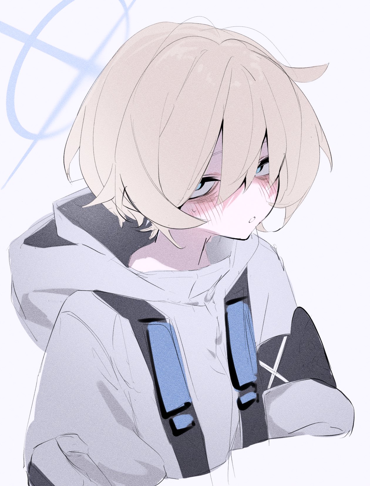 shihiki, blue archive, commentary request, highres, 1girl, arius student (blue archive), blonde hair, blue eyes, blush, coat, cropped torso, grey background, grey coat, hair between eyes, halo, hood, hood down, hooded coat, looking at viewer, short hair, simple background, solo, sweat, upper body