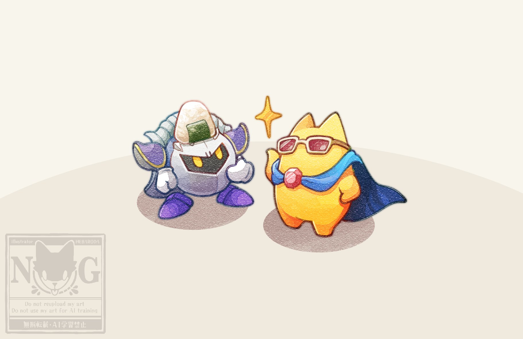 hebaroda03, meta knight, starman (kirby), kirby (series), kirby air ride, kirby air riders, nintendo, highres, armor, blue cape, cape, colored skin, food, food on head, gloves, mask, metal mask, no humans, object on head, onigiri, pauldrons, shoulder armor, sunglasses, watermark, white gloves, yellow eyes, yellow skin