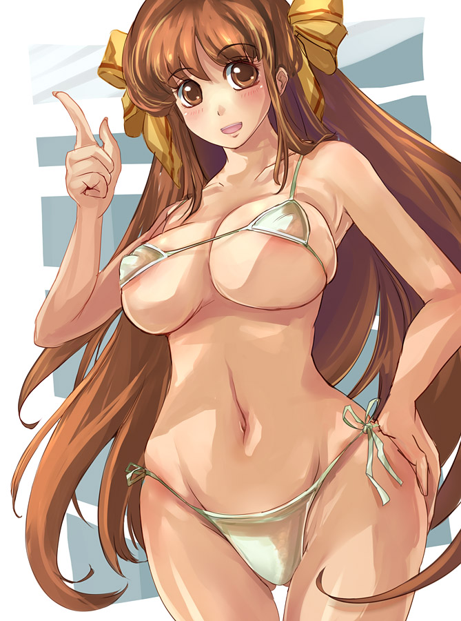 suoni (deeperocean), original, 1girl, bikini, bow, breasts, brown eyes, brown hair, covered erect nipples, female focus, hair bow, hand on own hip, large breasts, long hair, micro bikini, navel, nipples, side-tie bikini bottom, smile, solo, swimsuit, thigh gap, very long hair, white bikini, wide hips