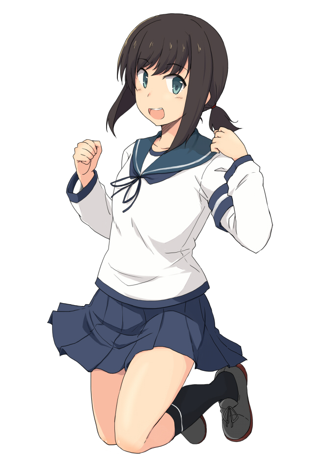kugui kiyunemu, fubuki (kancolle), kantai collection, commentary, 1girl, :d, black socks, blue eyes, blue neckerchief, blue sailor collar, blue skirt, blush, breasts, brown hair, collarbone, full body, grey shoes, hair tie, jumping, kneehighs, layered sleeves, long sleeves, looking at viewer, low ponytail, medium breasts, neckerchief, open mouth, pleated skirt, ponytail, sailor collar, shirt, shoes, short over long sleeves, short sleeves, sidelocks, simple background, skirt, smile, socks, solo, teeth, thighs, upper teeth only, white background, white shirt