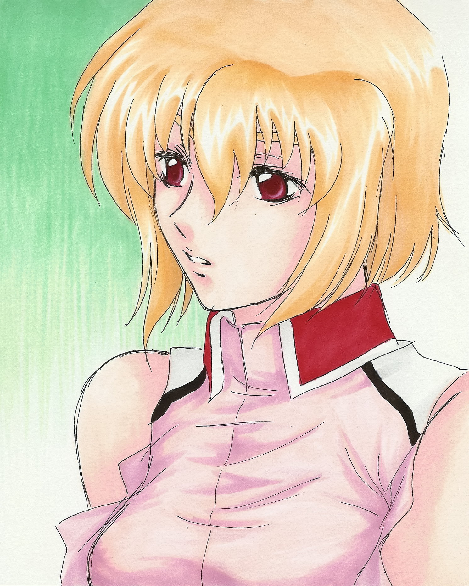 claque115, stellar loussier, gundam, gundam seed, gundam seed destiny, highres, 00s, blonde hair, red eyes, solo