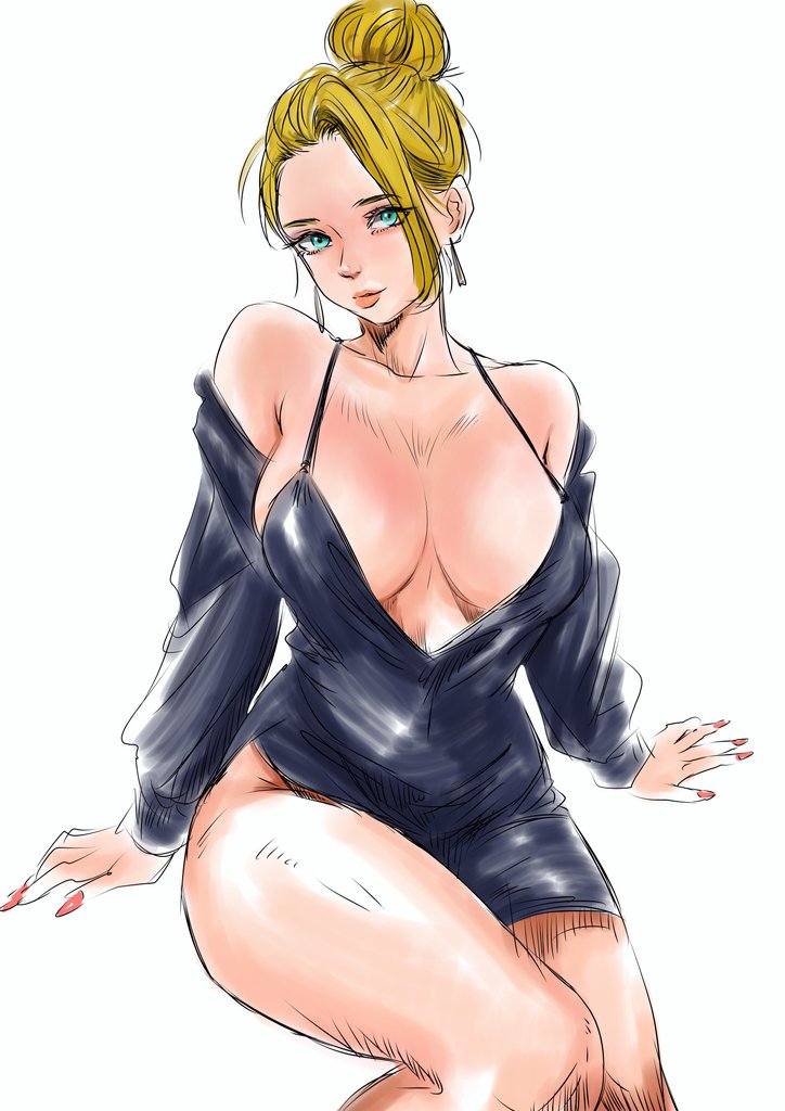 tucon b, mature (kof), the king of fighters, 1girl, blonde hair, breasts, cleavage, curvy, dress, earrings, female focus, green eyes, hair bun, huge breasts, jewelry, large breasts, long hair, long sleeves, looking at viewer, no bra, pale skin, sitting, skirt, thick thighs, thighs, wide hips