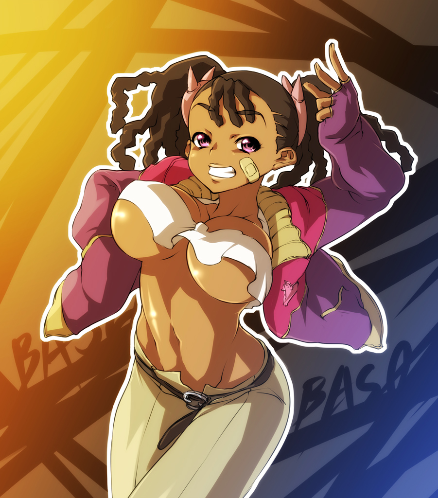 nekomamire, ayukawa miyuki, basquash!, 00s, 1girl, bandaid, bandaid on face, breasts, brown hair, dark-skinned female, dark skin, dreadlocks, female focus, grin, jacket, large breasts, long hair, midriff, navel, purple eyes, smile, solo, tank top, twintails, underboob, very dark skin