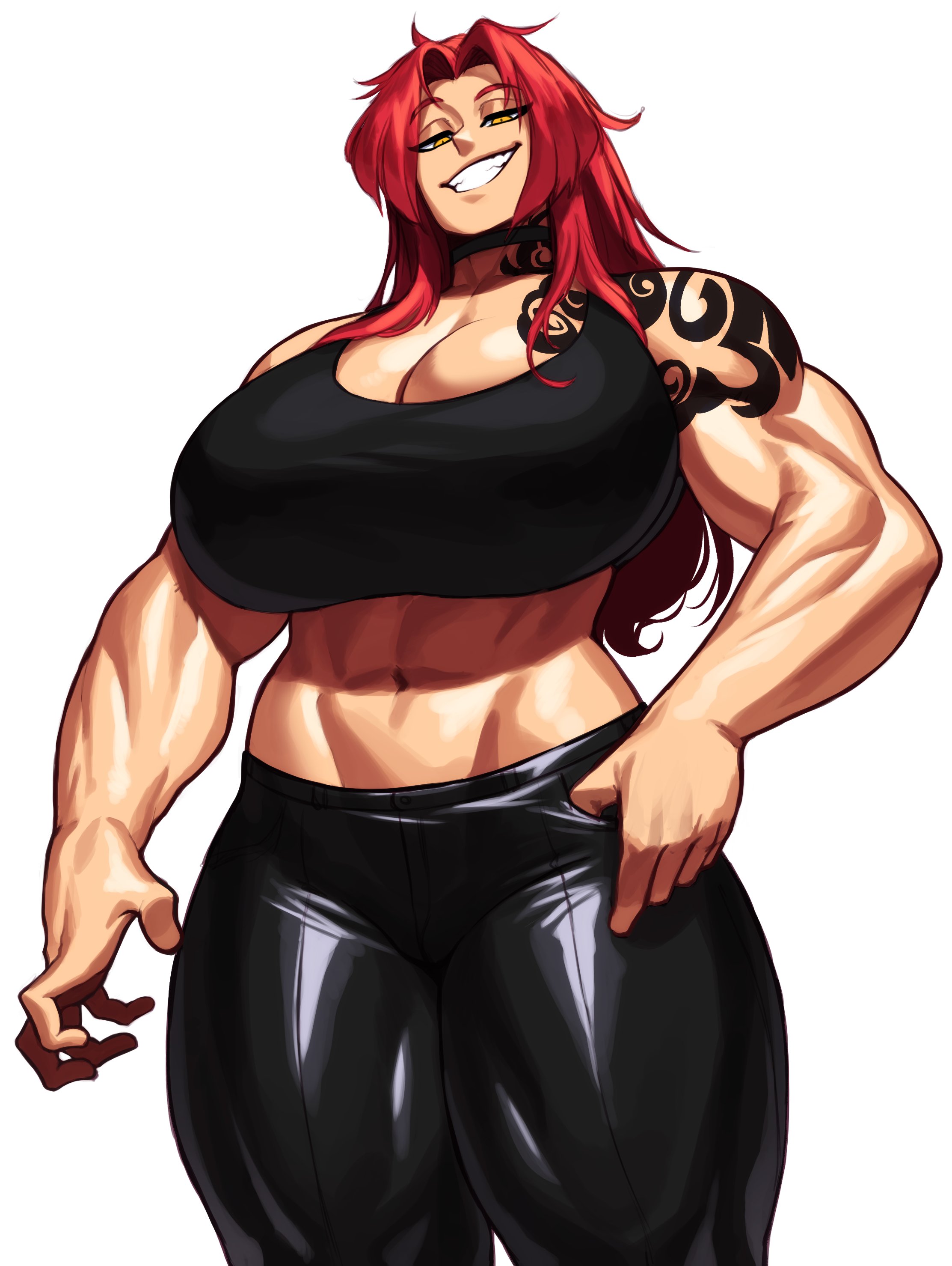 sotcho, raine (lyukaart), original, absurdres, commentary, english commentary, highres, 1girl, 2023, abs, arm tattoo, arm up, black choker, black pants, black shirt, borrowed character, breasts, choker, claw pose, cleavage, clenched hand, cowboy shot, crop top, eyebrows hidden by hair, female focus, flexing, grey background, grin, half-closed eyes, hand on own hip, huge breasts, legs apart, legs together, looking at viewer, messy hair, midriff, muscular, muscular arms, muscular female, muscular legs, pants, parted bangs, red hair, shadow, shirt, simple background, smile, smug, solo, standing, straight-on, tattoo, thick thighs, thighs, tight clothes, tight pants, toned, toned female, wide hips, yellow eyes