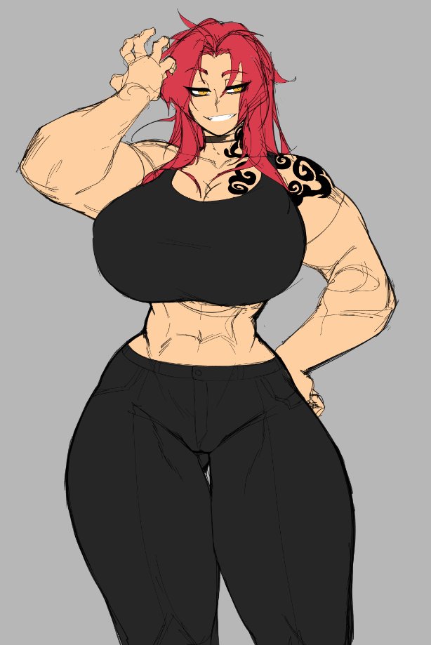 lyuka, raine (lyukaart), original, commentary, english commentary, unfinished, 1girl, 2022, abs, arm tattoo, arm up, black choker, black pants, black shirt, breasts, choker, claw pose, cleavage, cowboy shot, crop top, eyebrows hidden by hair, female focus, flexing, grey background, grin, half-closed eyes, hand on own hip, huge breasts, legs apart, looking at viewer, messy hair, midriff, muscular, muscular arms, muscular female, narrow waist, pants, parted bangs, red hair, shirt, smile, smug, solo, standing, straight-on, tattoo, thick thighs, thighs, tight clothes, tight pants, toned, toned female, wide hips, yellow eyes